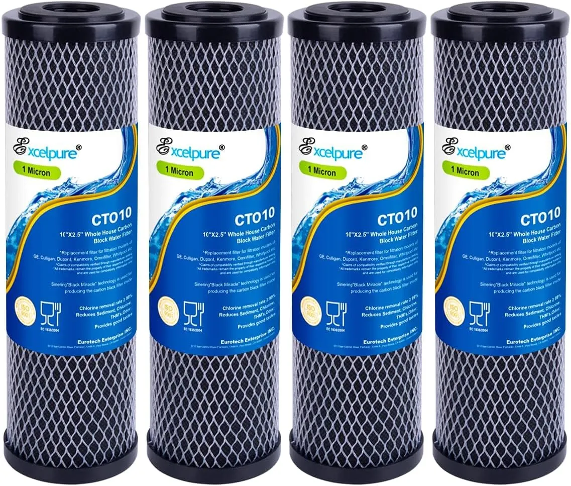 1 Micron 10" x 2.5" Whole House CTO Carbon Water Filter Cartridge Replacement for Home Countertop System, Dupont WFPFC8002, WFPFC9001, FXWTC, SCWH-5, WHEF-WHWC, WHCF-WHWC, CTO10, T01, 4PACK