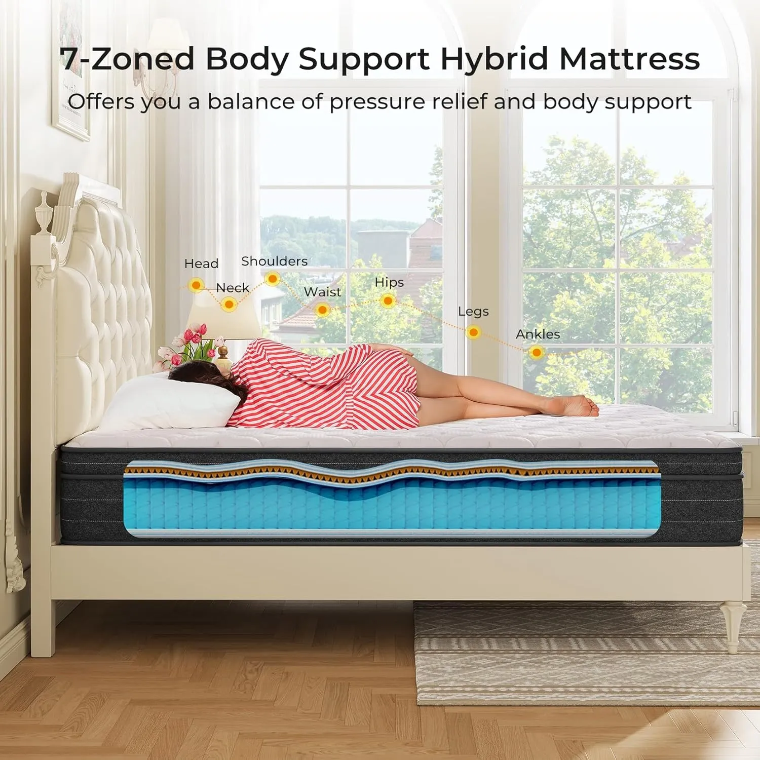 10 Inch Queen Mattress in a Box for Back Pain, Medium Firm Feel Fiberglass Free Hybrid Mattress with Individual Pocket Springs and Pressure-Relieving Memory Foam, CertiPUR-US 120-Night Trial