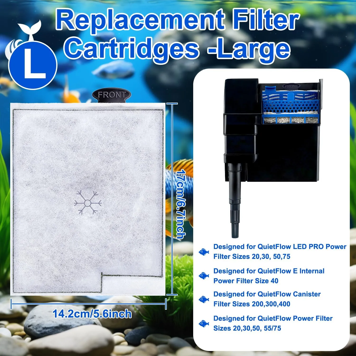 10 Pack Large Replacement Filters Cartridges Compatible with Aqueon QuietFlow LED Power Filter Size 20,30,50,75 & E Internal Power Filter Size 40 & Canister Filter Sizes 200/300/400 & Zilla Size 40 ﻿