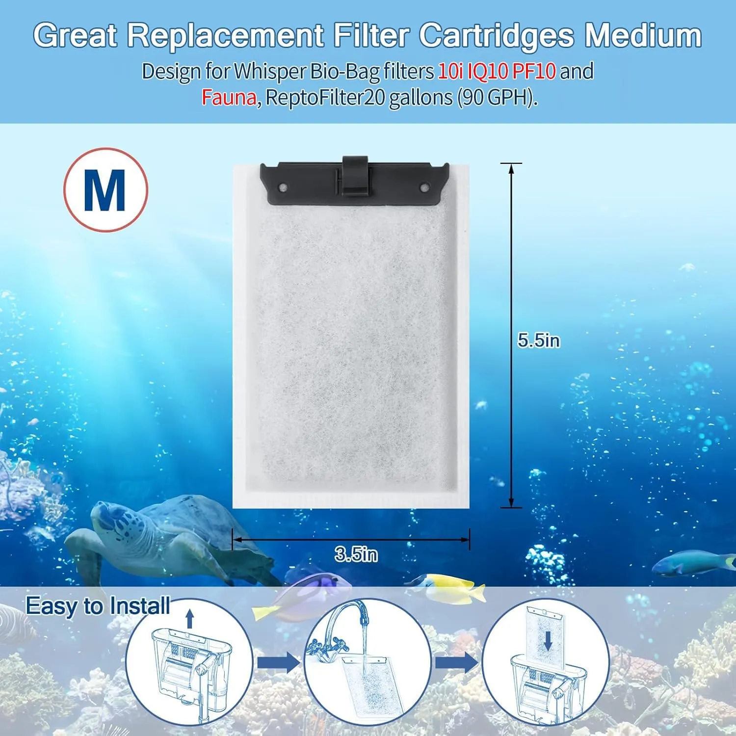 10 Pack Medium Aquarium Filter Cartridge for Whisper Bio-Bag Power Filters, Replacement Filter Cartridges for ReptoFilter 10i IQ10 PF10 Power Filters,Fish Tank Filters 10 Gallon