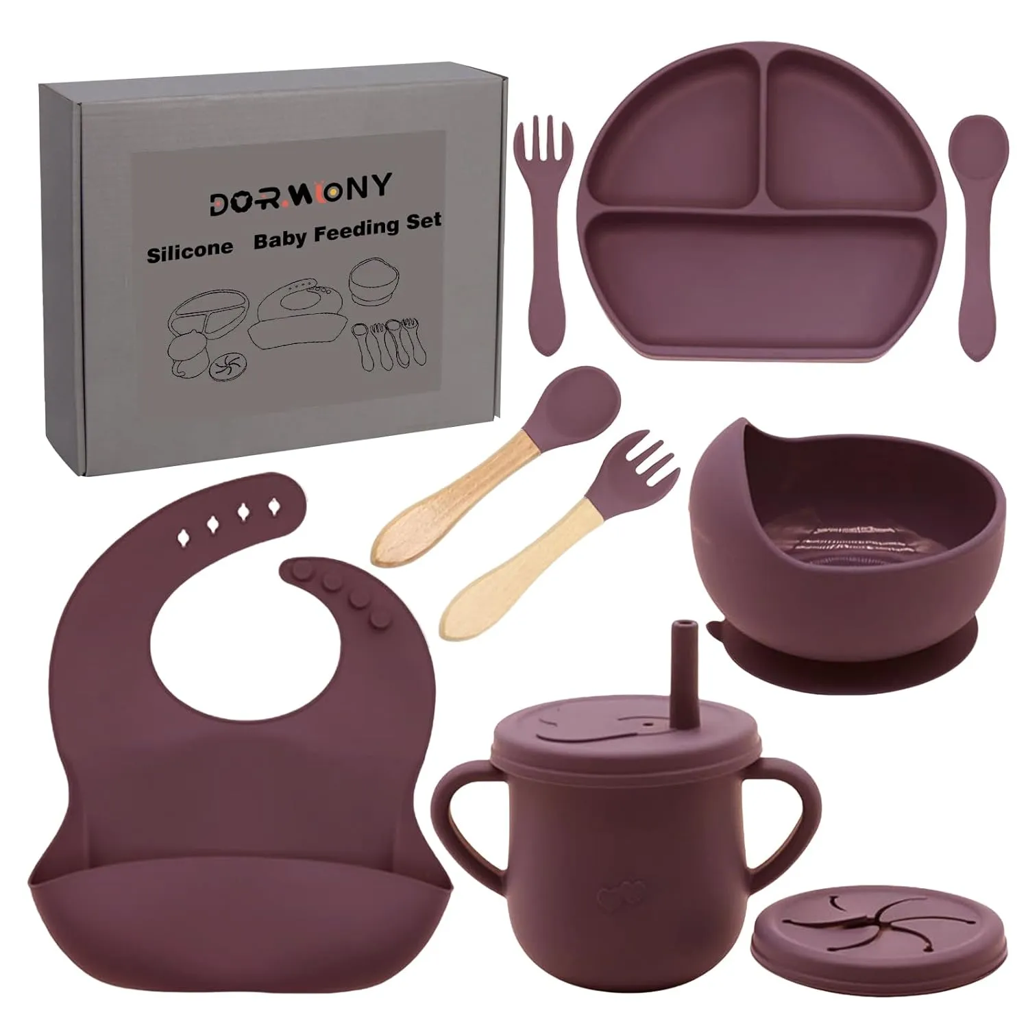 100% Silicone Baby Feeding Set, BPA Free Dishes With Suction Bowl, Divided Plate, Toddler Self Feeding Utensils, Spoons, Forks, Sippy Cup and Bib (Dark Red)