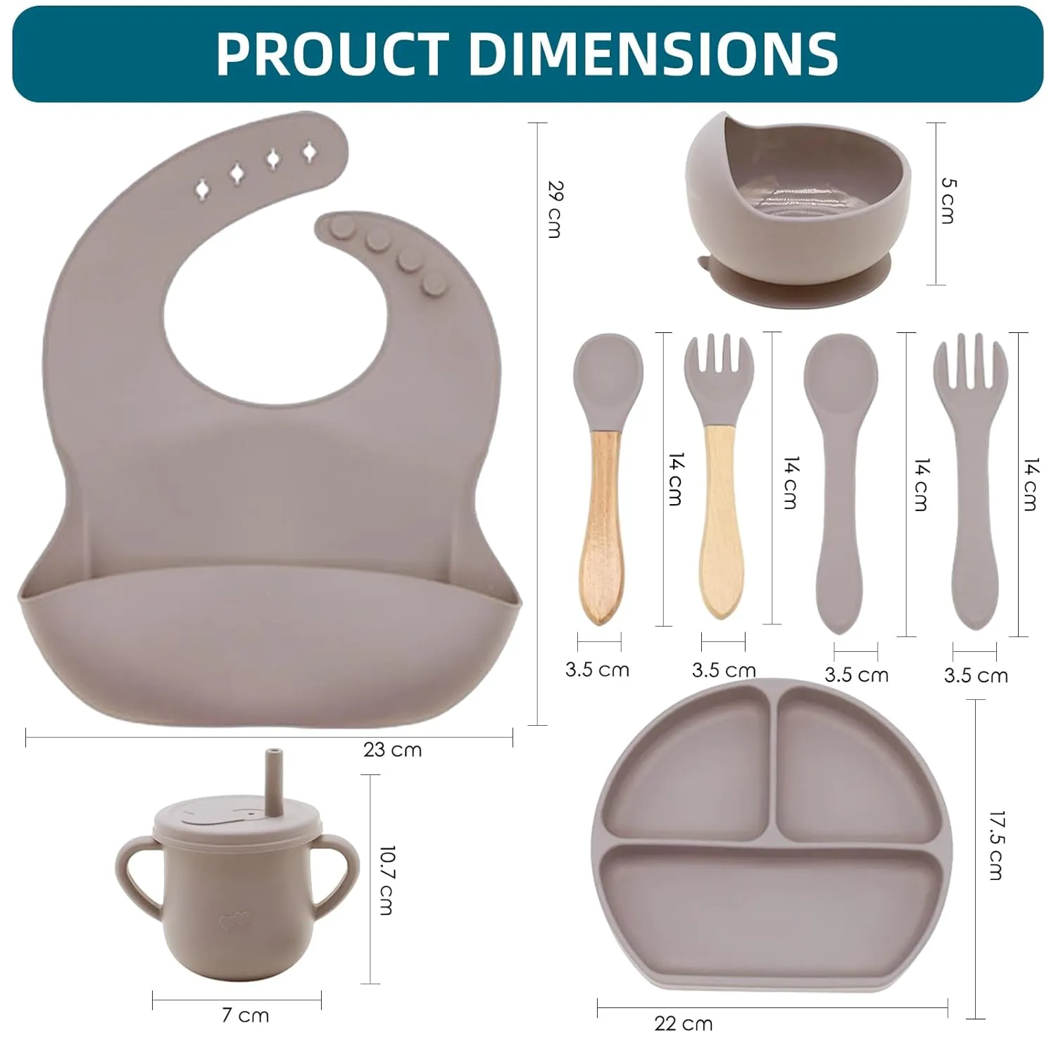100% Silicone baby feeding set,BPA free Baby dishes set with Suction Bowl Divided Plate,Toddler Self Feeding Dish Set with Spoons Forks Sippy Cup And Bib, Baby Eating Utensils (Beige)