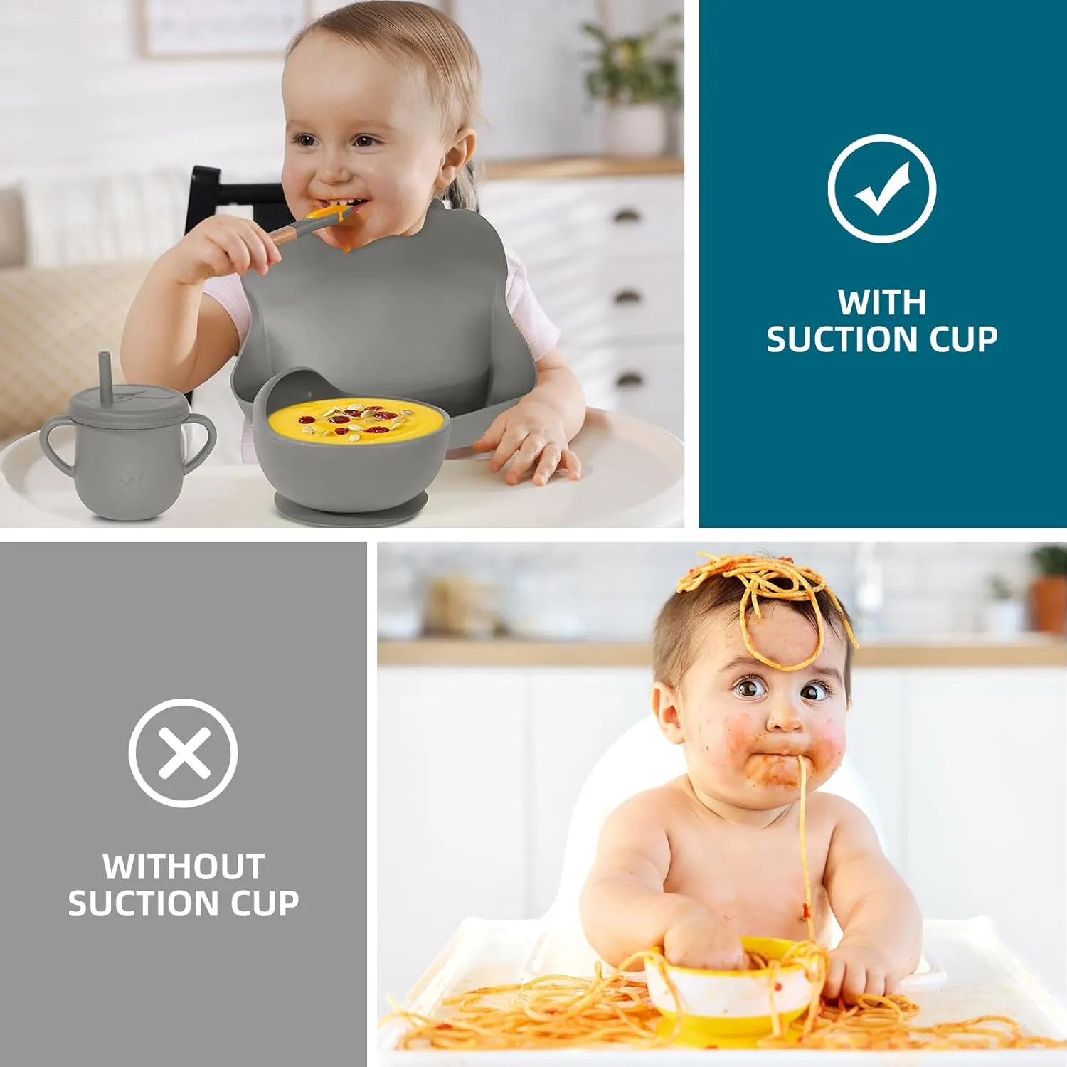 100% Silicone baby feeding set,BPA free Baby dishes set with Suction Bowl Divided Plate,Toddler Self Feeding Dish Set with Spoons Forks Sippy Cup And Bib, Baby Eating Utensils (Grey)
