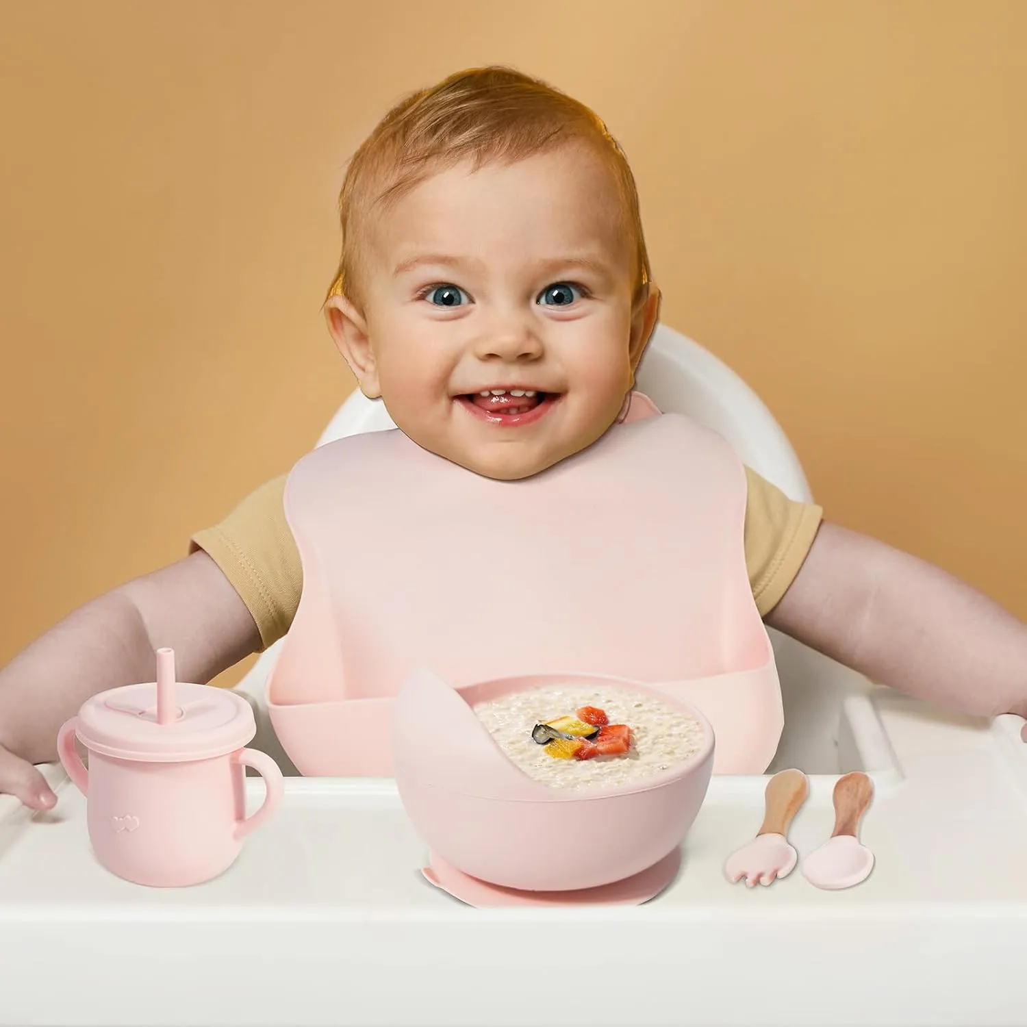 100% Silicone Baby Feeding Set,BPA Free Baby Dishes Set with Suction Bowl Divided Plate,Toddler Self Feeding Dish Set with Spoons Forks Sippy Cup and Bib, Baby Eating Utensils (Pink)