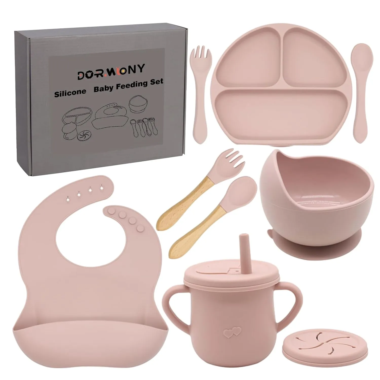 100% Silicone Baby Feeding Set,BPA Free Baby Dishes Set with Suction Bowl Divided Plate,Toddler Self Feeding Dish Set with Spoons Forks Sippy Cup and Bib, Baby Eating Utensils (Pink)