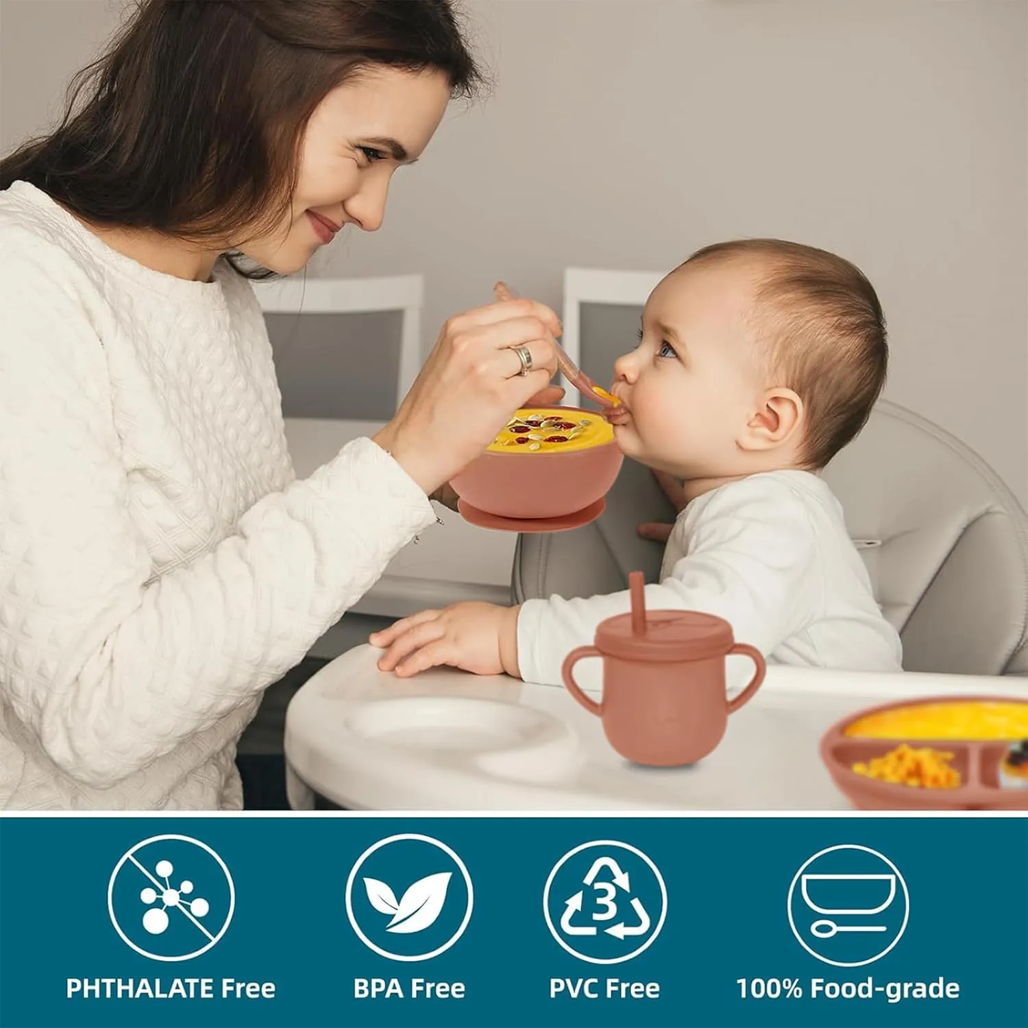 100% Silicone Baby Feeding Set,BPA Free Baby Dishes Set with Suction Bowl Divided Plate,Toddler Self Feeding Dish Set with Spoons Forks Sippy Cup and Bib, Baby Eating Utensils(Carrot)