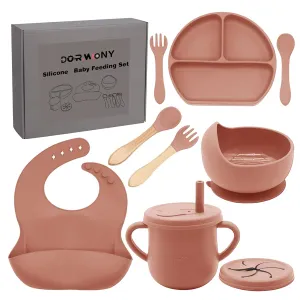 100% Silicone Baby Feeding Set,BPA Free Baby Dishes Set with Suction Bowl Divided Plate,Toddler Self Feeding Dish Set with Spoons Forks Sippy Cup and Bib, Baby Eating Utensils(Carrot)