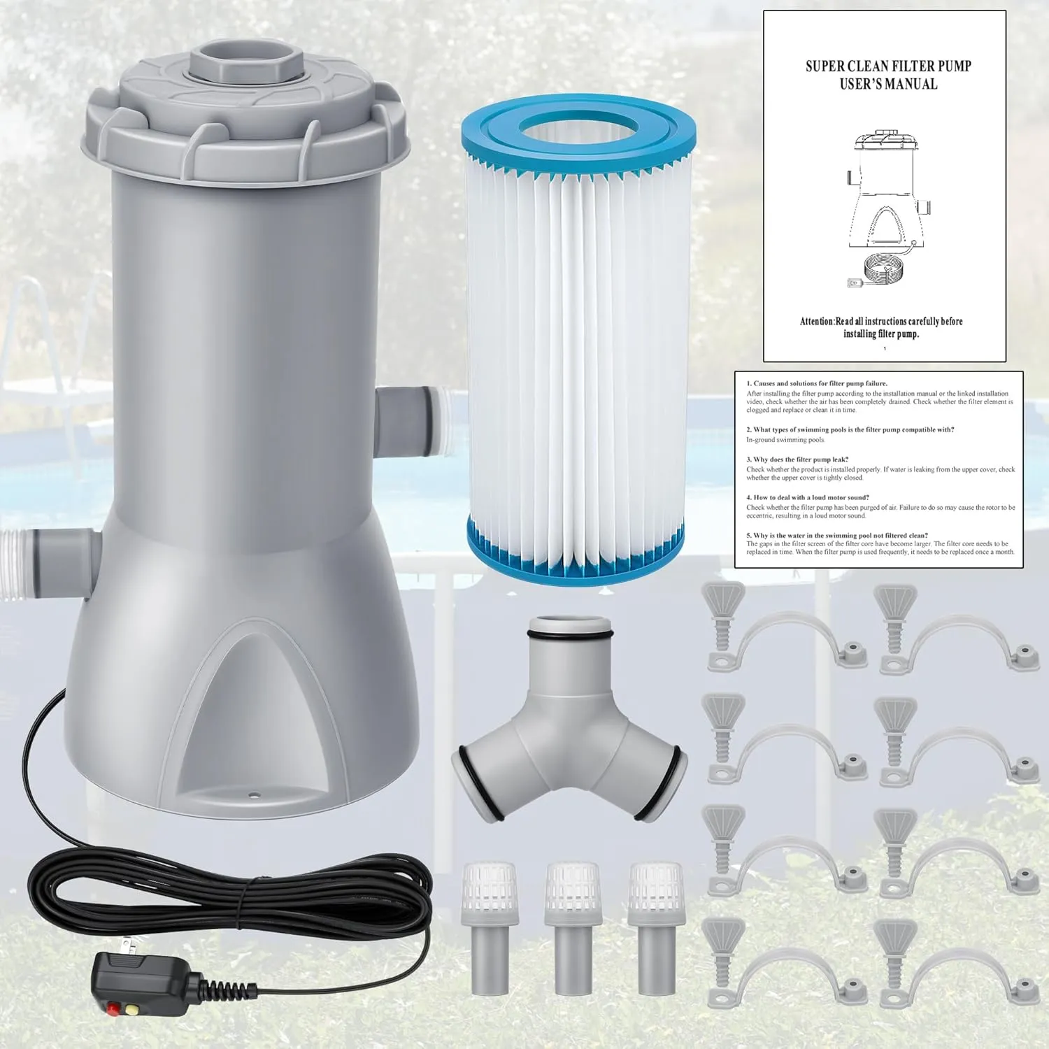 1000 GPH Pool Pumps, Cartridge Filter Pump for Above Ground Pools, 1000 GPH Pump Flow Rate, Above Ground Cartridge Filter and Water Circulation System, Pool Filters Accessories