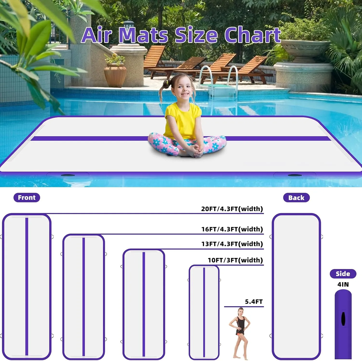 10ft 13ft 16ft 20ft Inflatable Air Gymnastics Mat Track Tumbling Mats with Electric Air Pump 4 Inches Thich for Home Use/Training/Yoga/Outdoor/Water