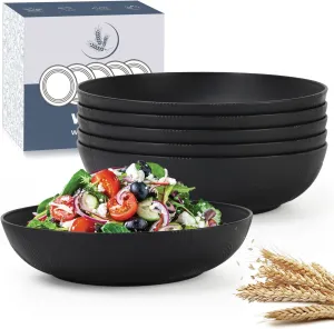 10inch Wheat Straw Big Bowls Set of 6 - Large Salad Bowls 65oz set of 6 - Unbreakable Serving Bowls Microwave & Dishwasher Safe for restaurant - Big Plastic Bowls for Cereal,Salad - Black Series