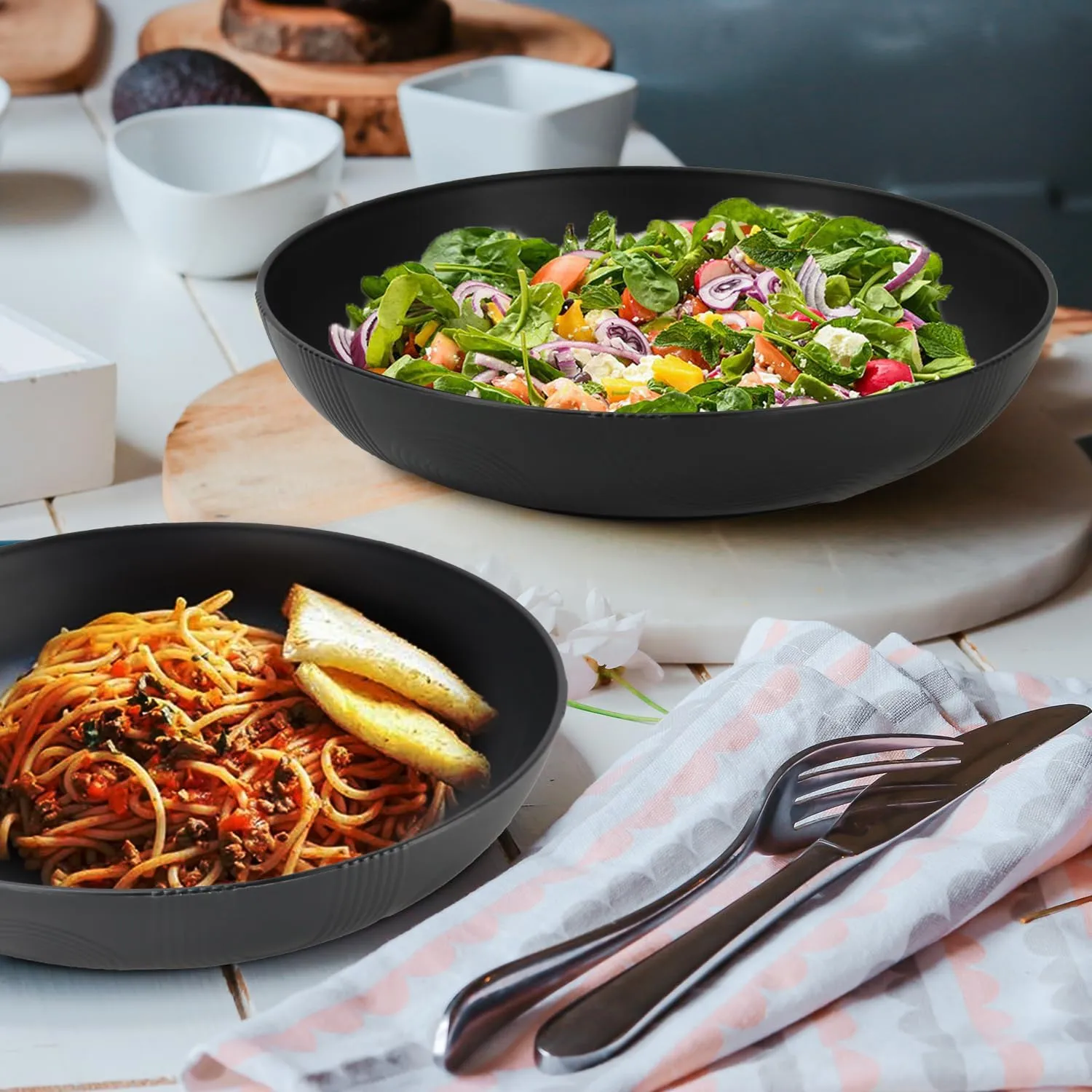 10inch Wheat Straw Big Bowls Set of 6 - Large Salad Bowls 65oz set of 6 - Unbreakable Serving Bowls Microwave & Dishwasher Safe for restaurant - Big Plastic Bowls for Cereal,Salad - Black Series