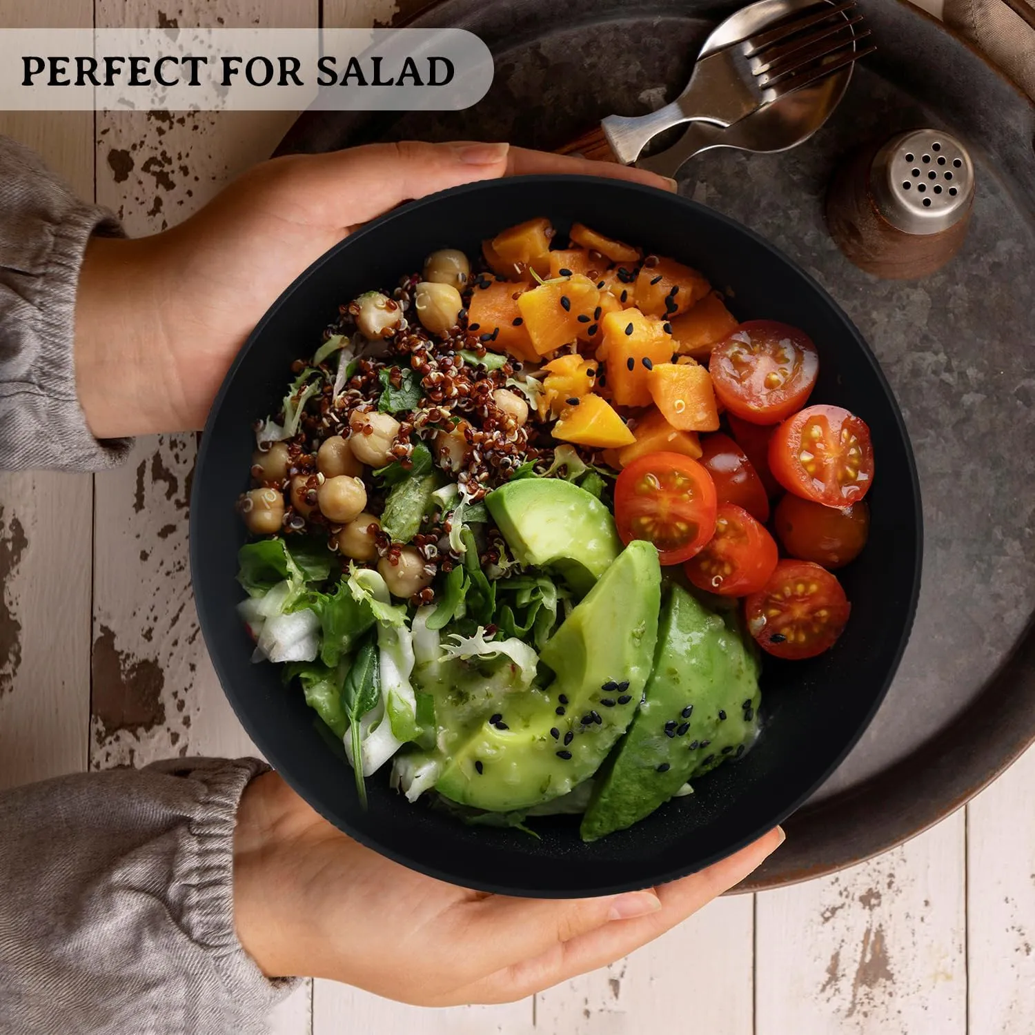 10inch Wheat Straw Big Bowls Set of 6 - Large Salad Bowls 65oz set of 6 - Unbreakable Serving Bowls Microwave & Dishwasher Safe for restaurant - Big Plastic Bowls for Cereal,Salad - Black Series