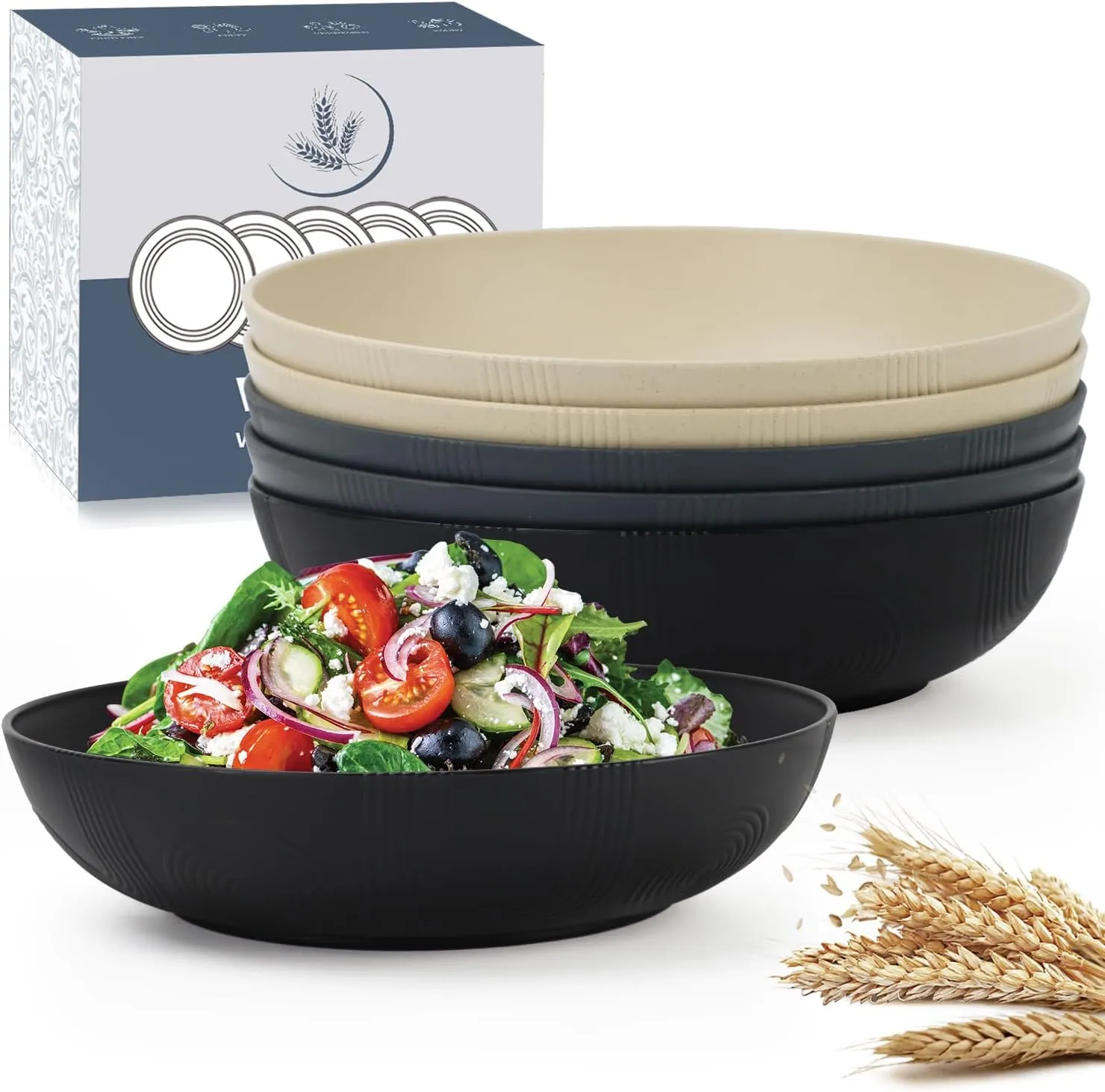 10inch Wheat Straw Big Bowls Set of 6 - Large Salad Bowls 65oz - Unbreakable Serving Bowls Microwave & Dishwasher Safe for restaurant - Big Plastic Bowls for Cereal,Salad - Classic Series