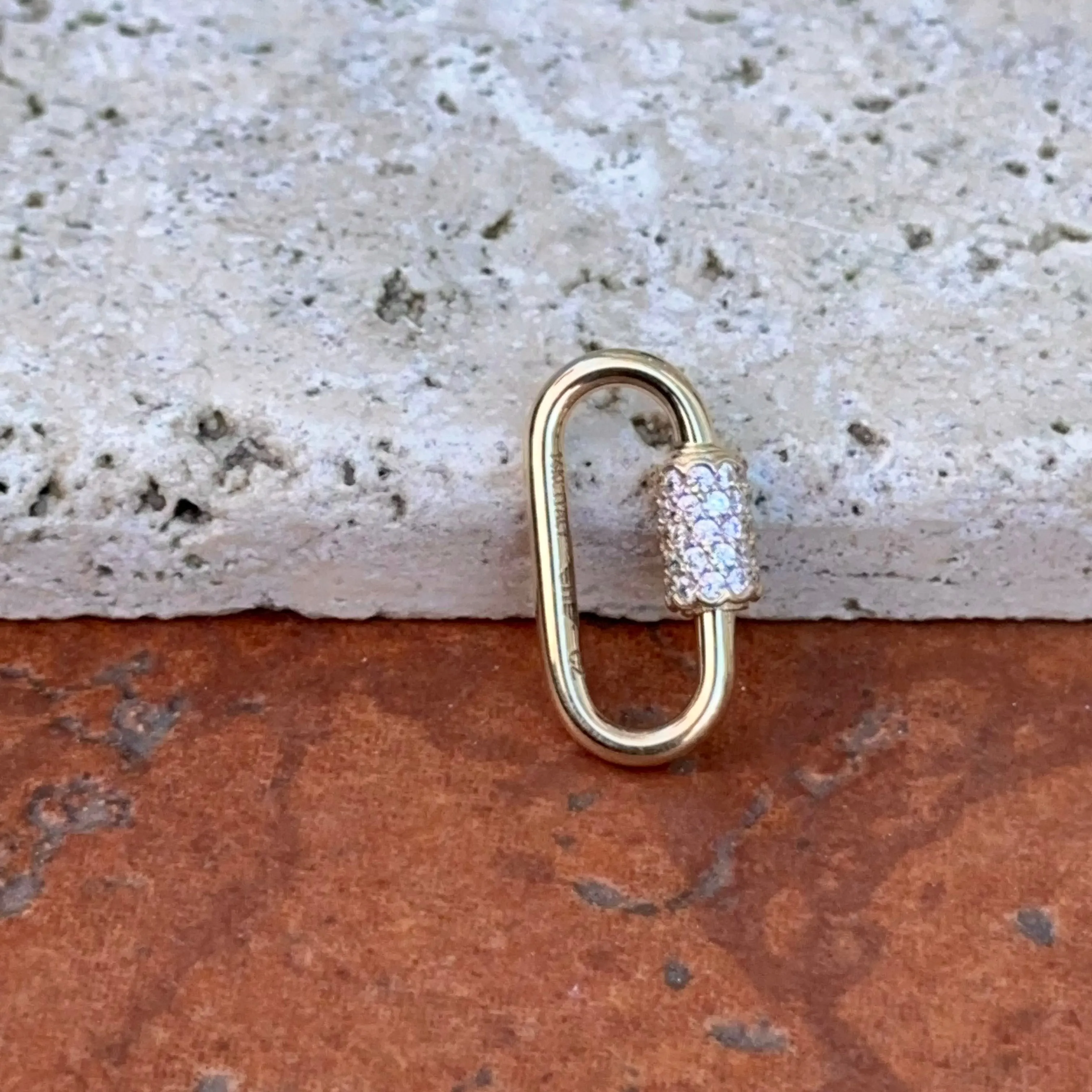 14KT Yellow Gold CZ Pave Oval Necklace Enhancer Carabiner Clasp