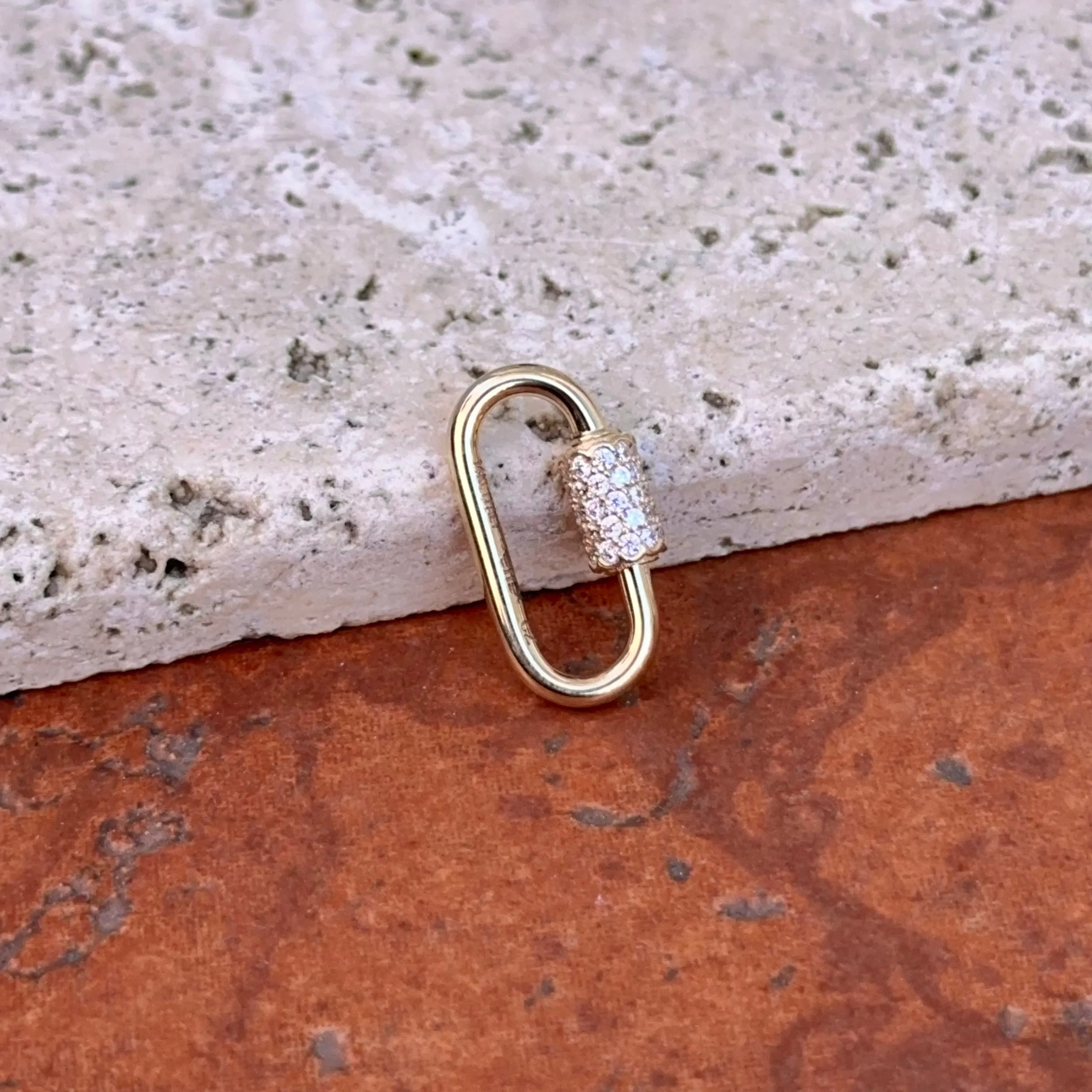 14KT Yellow Gold CZ Pave Oval Necklace Enhancer Carabiner Clasp