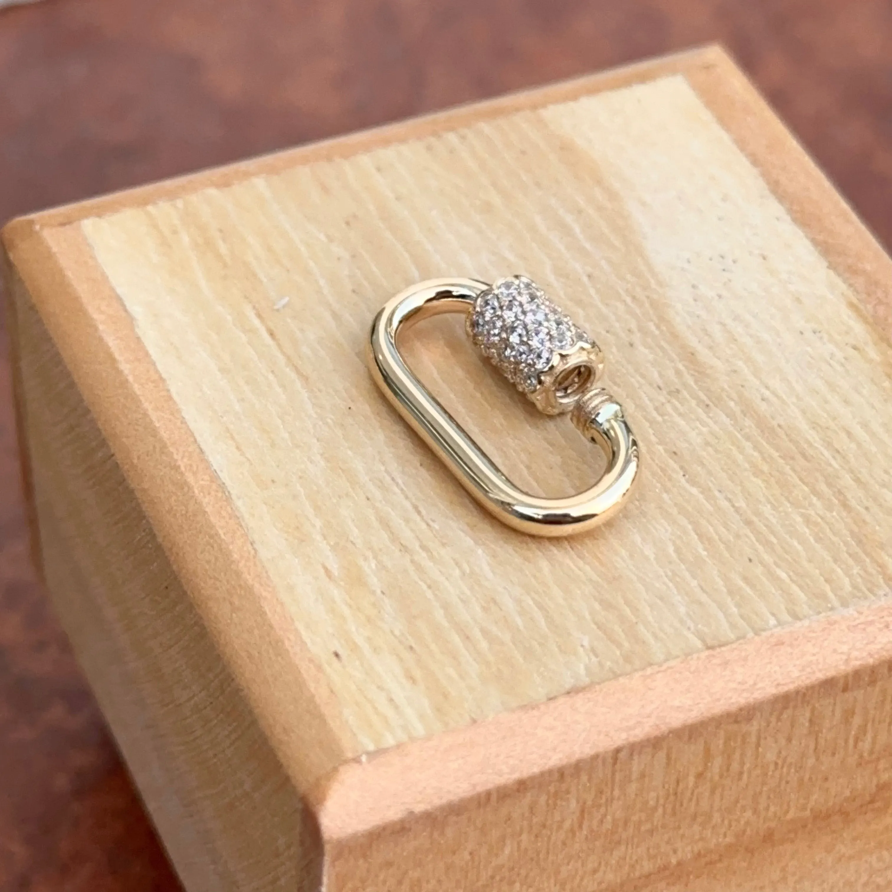 14KT Yellow Gold CZ Pave Oval Necklace Enhancer Carabiner Clasp