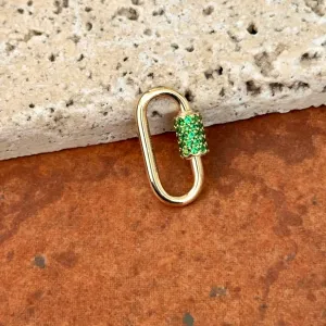 14KT Yellow Gold Green CZ Pave Oval Necklace Enhancer Carabiner Clasp