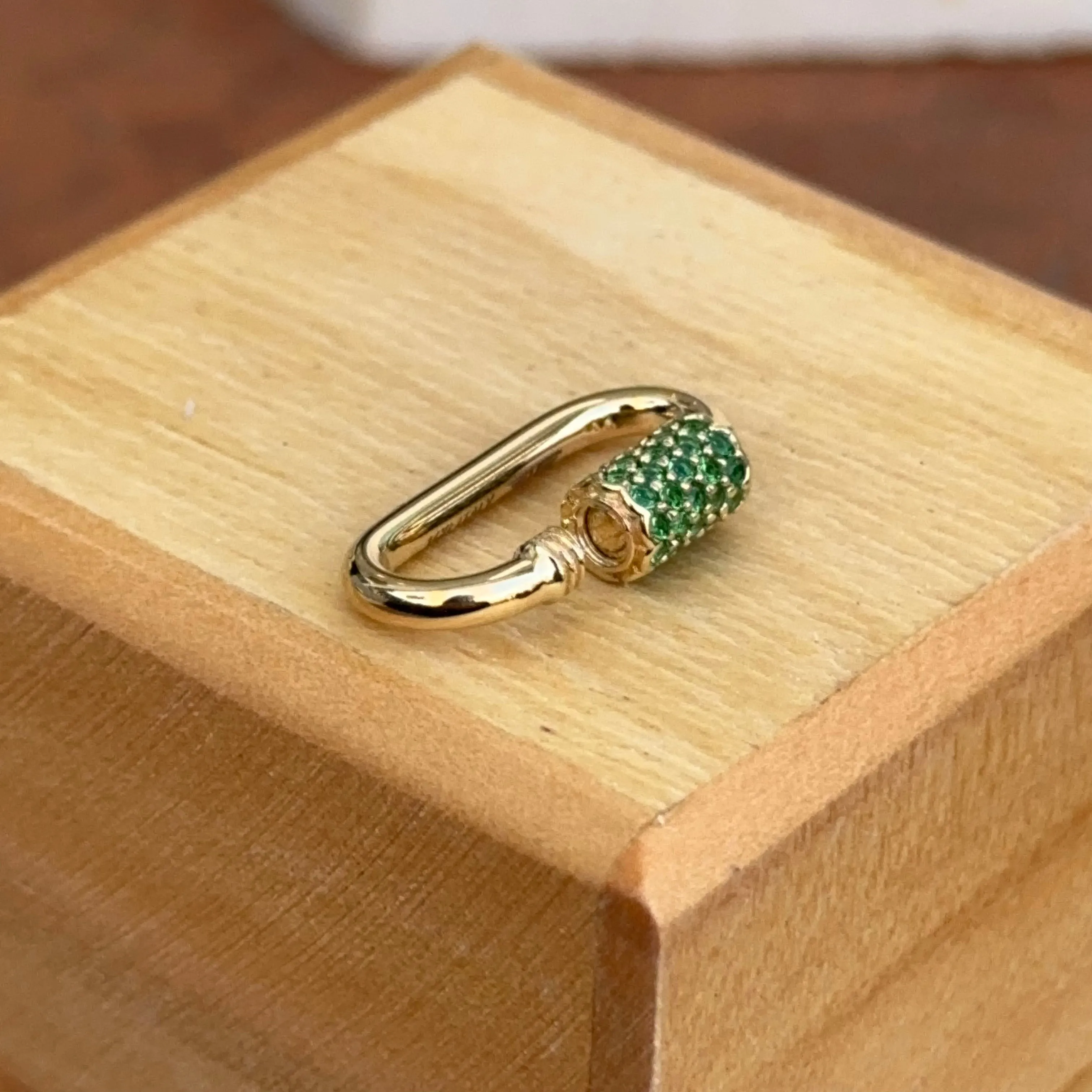 14KT Yellow Gold Green CZ Pave Oval Necklace Enhancer Carabiner Clasp
