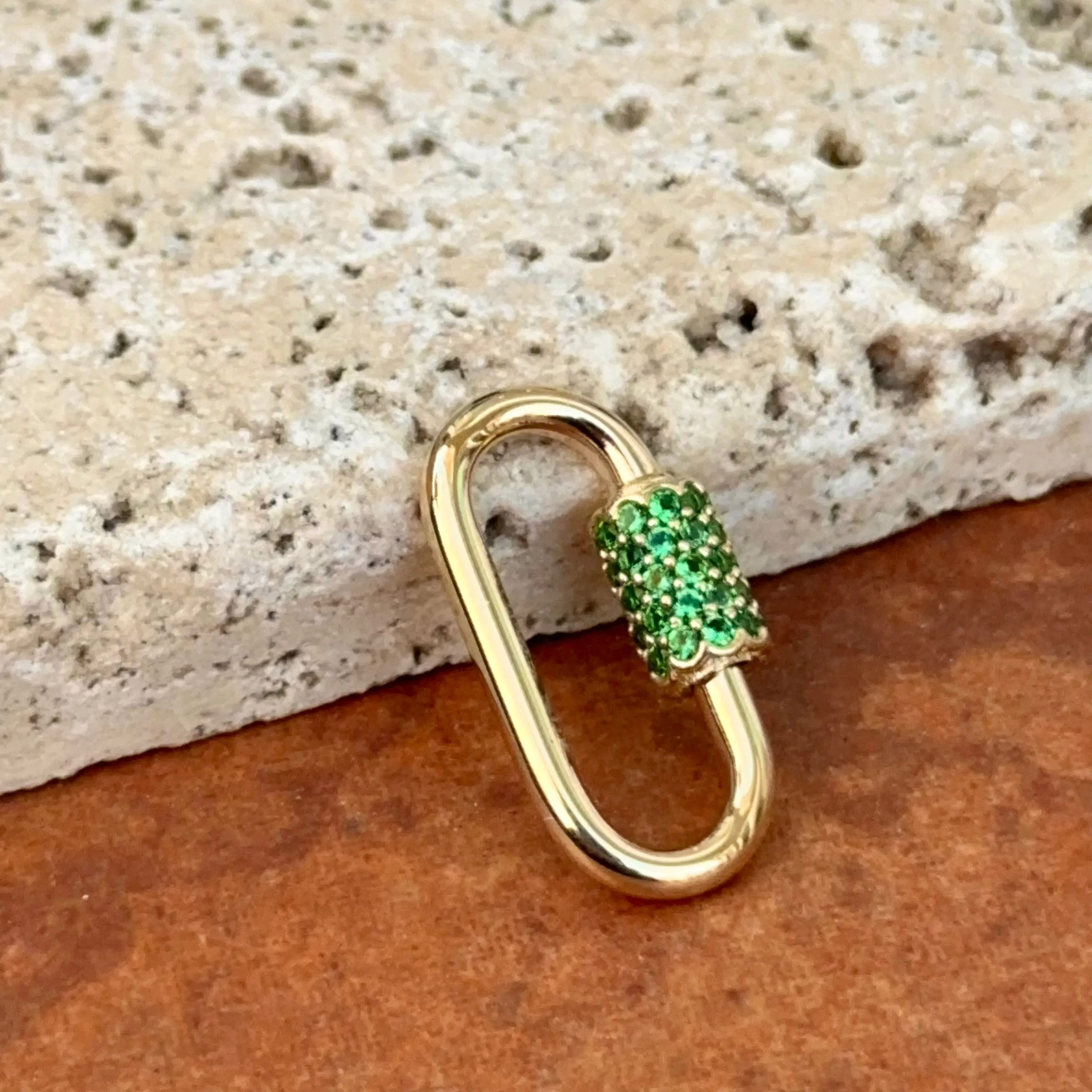 14KT Yellow Gold Green CZ Pave Oval Necklace Enhancer Carabiner Clasp