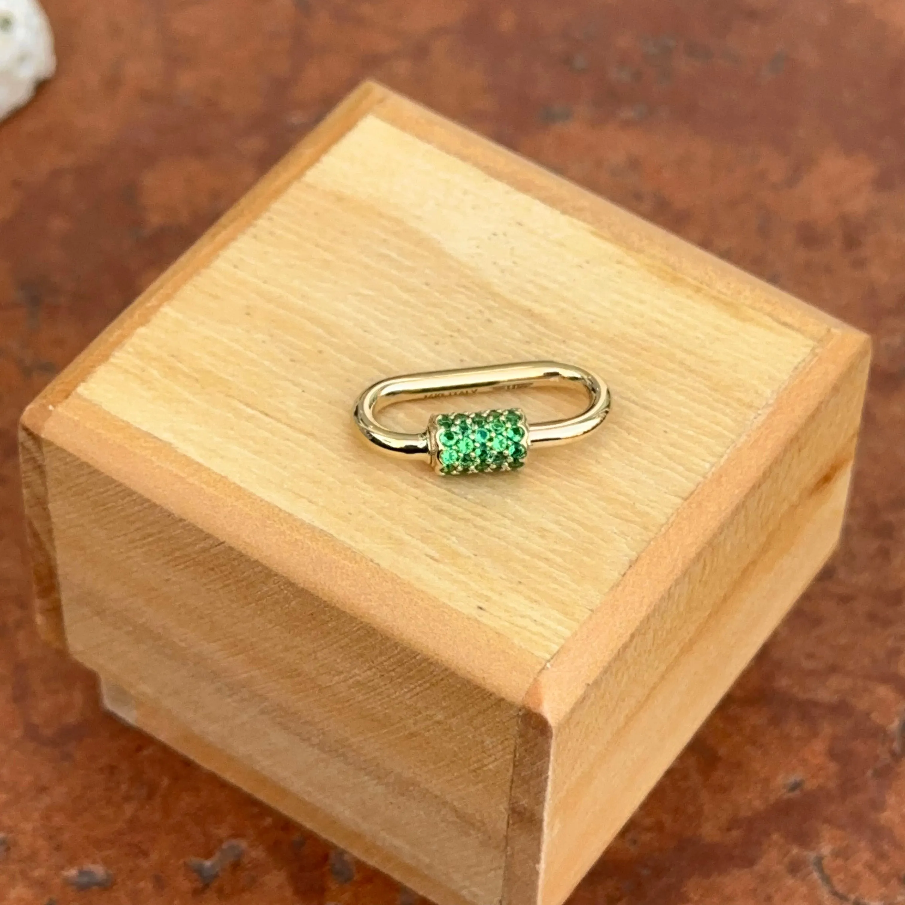 14KT Yellow Gold Green CZ Pave Oval Necklace Enhancer Carabiner Clasp