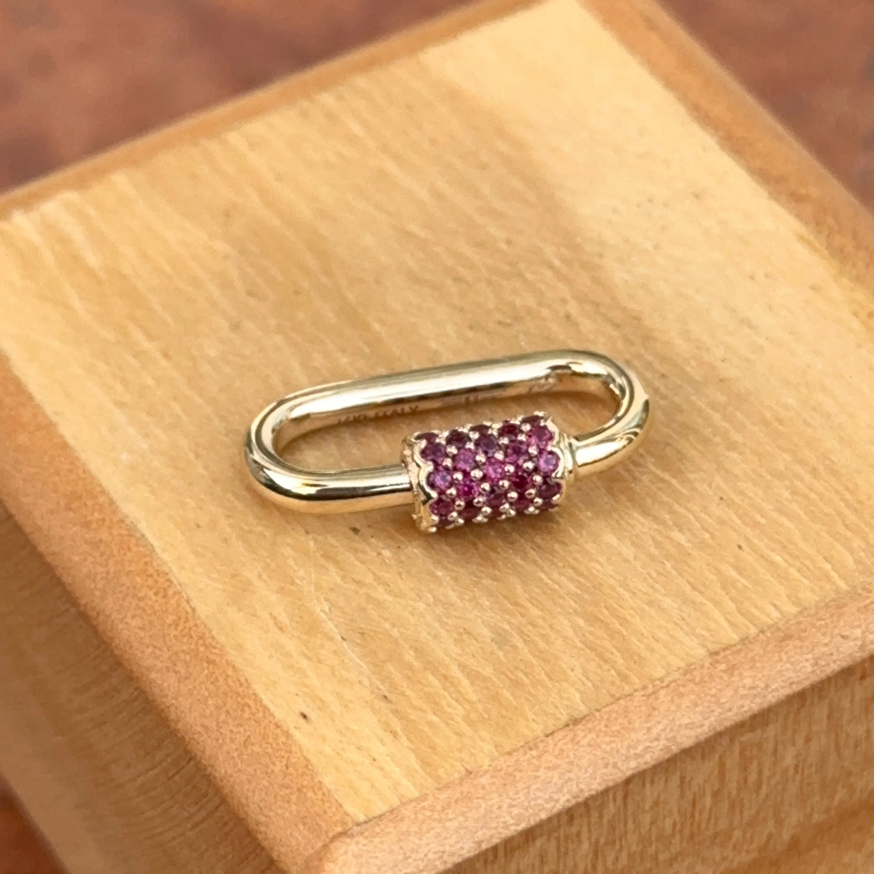 14KT Yellow Gold Red CZ Pave Oval Necklace Enhancer Carabiner Clasp