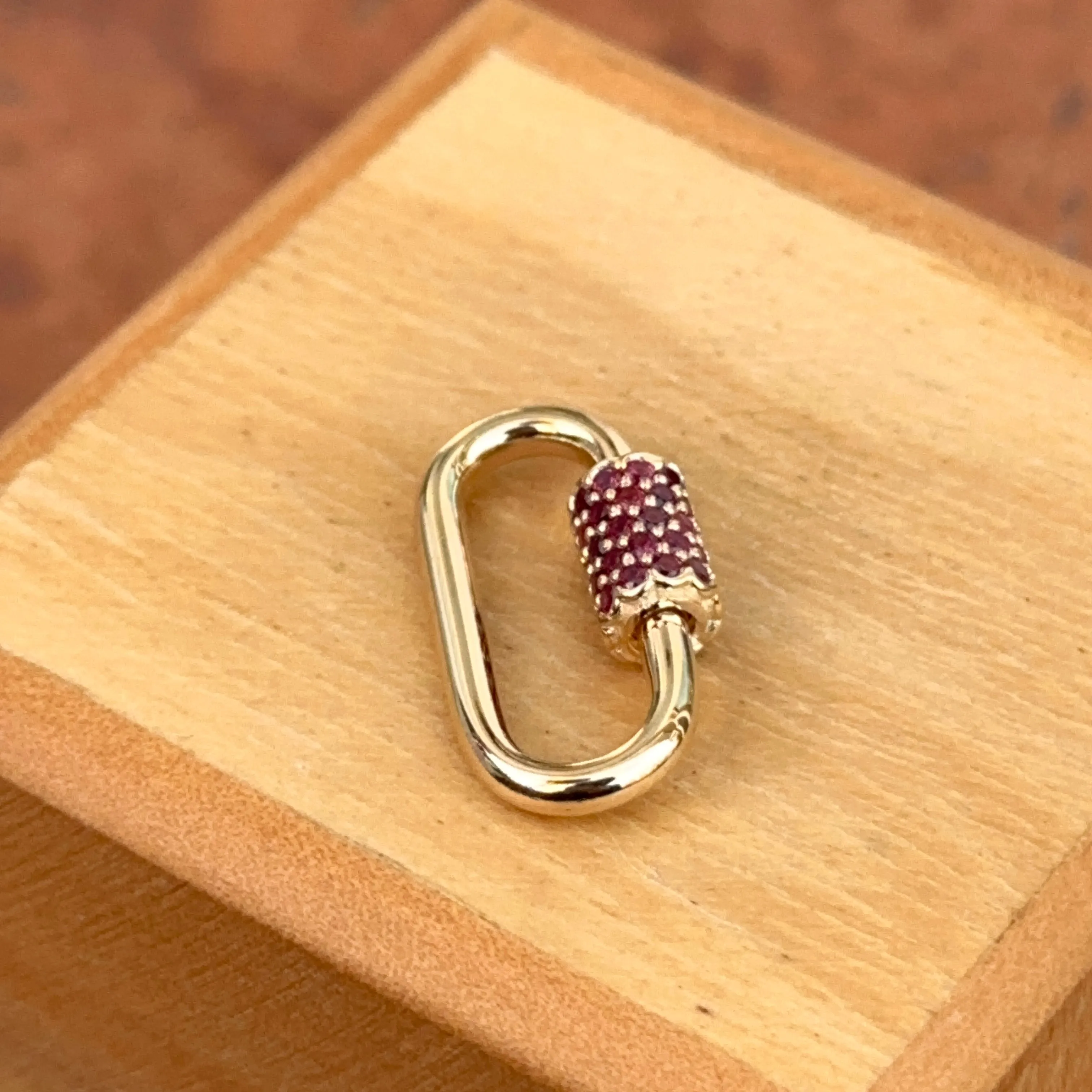 14KT Yellow Gold Red CZ Pave Oval Necklace Enhancer Carabiner Clasp
