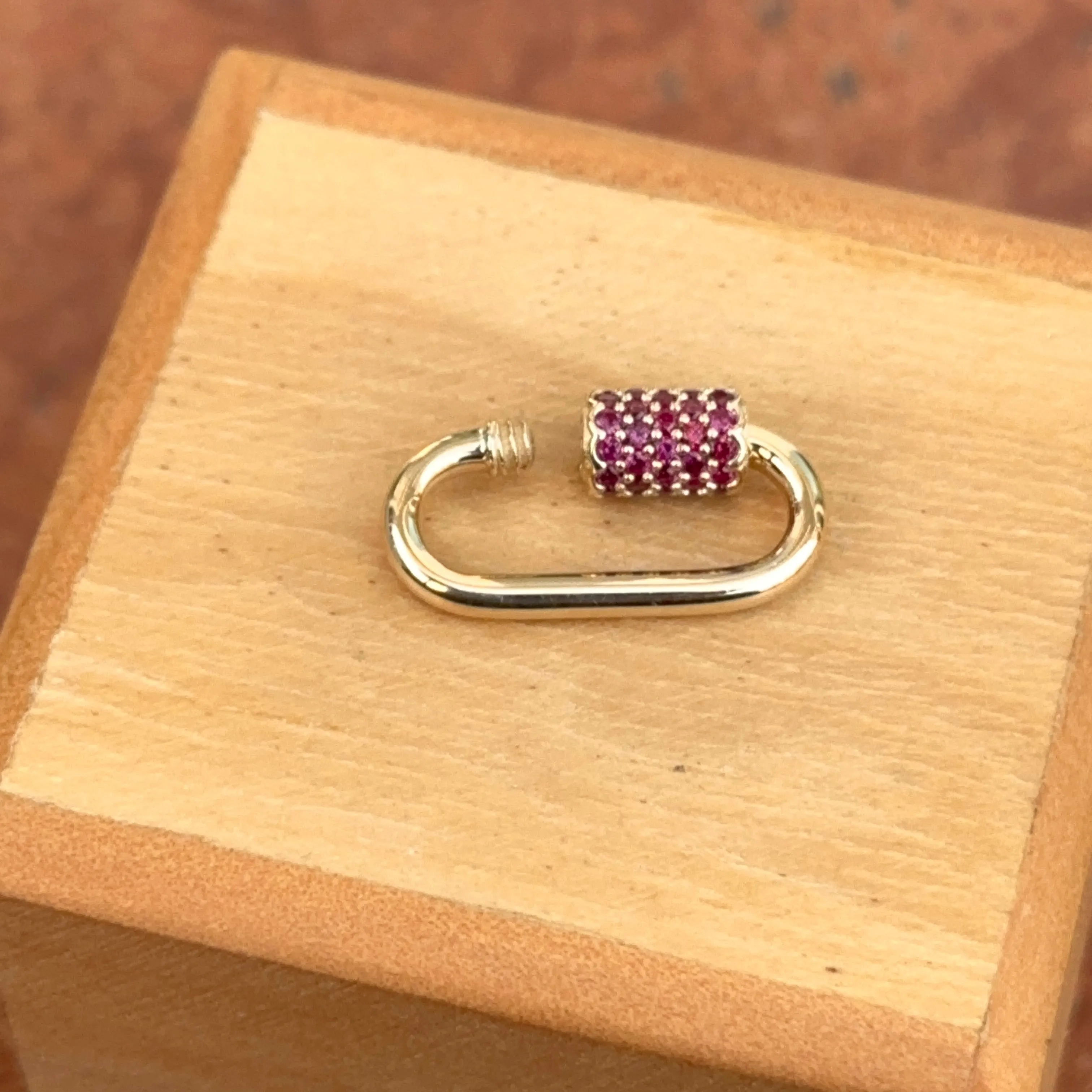 14KT Yellow Gold Red CZ Pave Oval Necklace Enhancer Carabiner Clasp