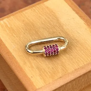 14KT Yellow Gold Red CZ Pave Oval Necklace Enhancer Carabiner Clasp