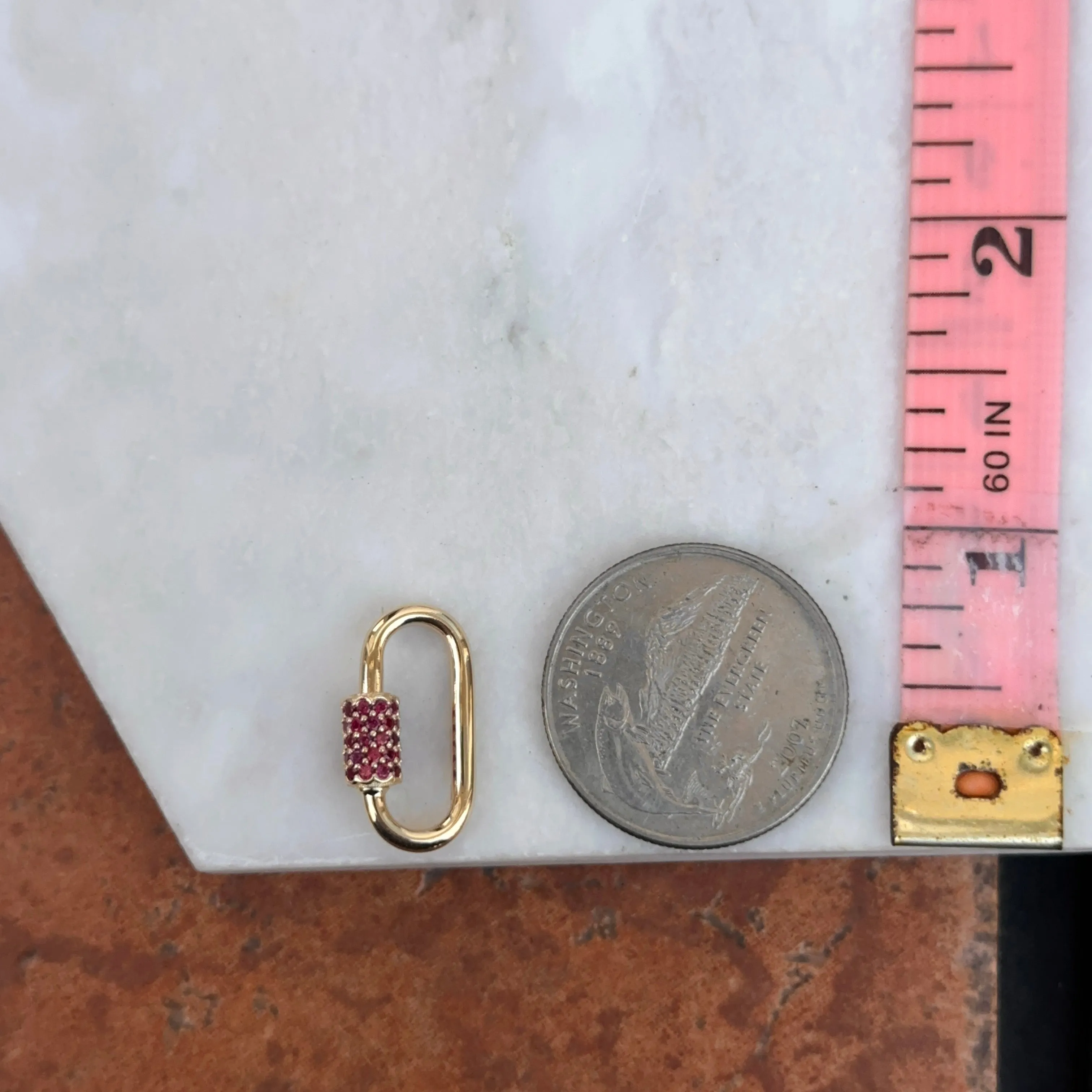 14KT Yellow Gold Red CZ Pave Oval Necklace Enhancer Carabiner Clasp