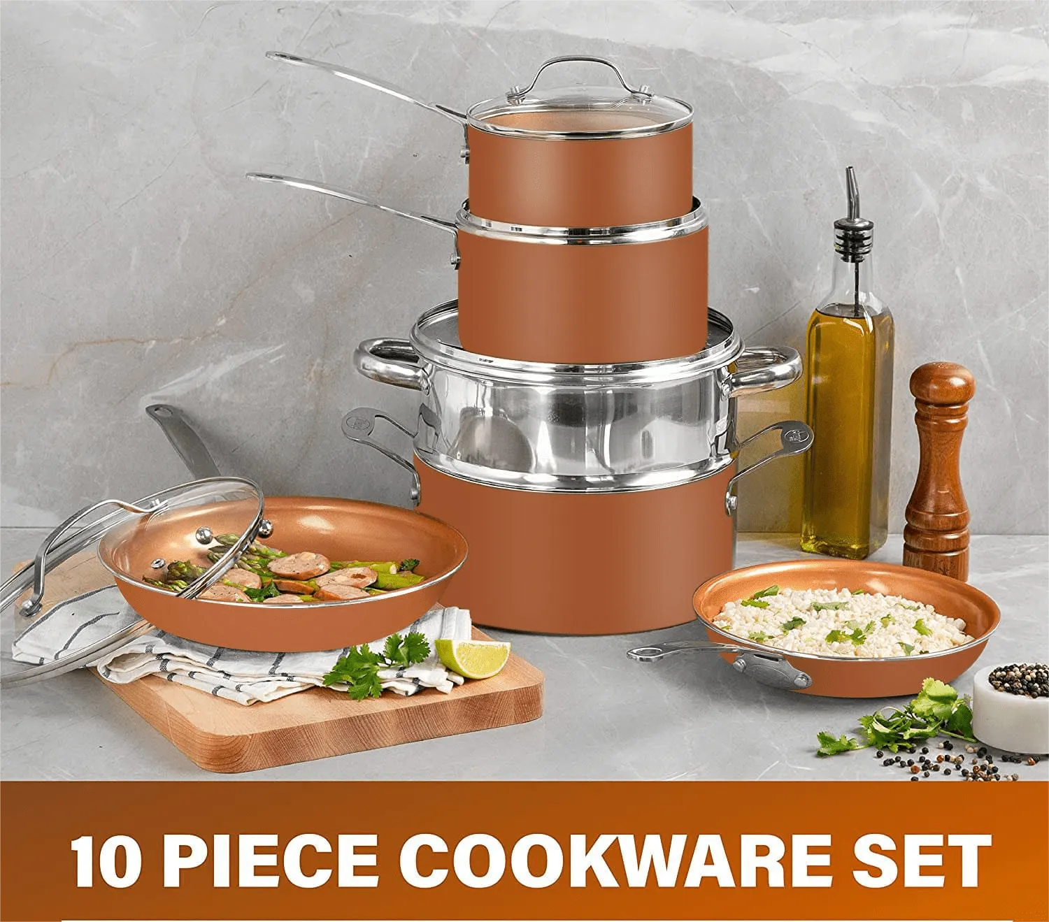 15 Piece Cookwear Set, Pots and Pans Set Nonstick Clearance,Includes Frying Pans, Stock Pots and Skillets for Kitchen