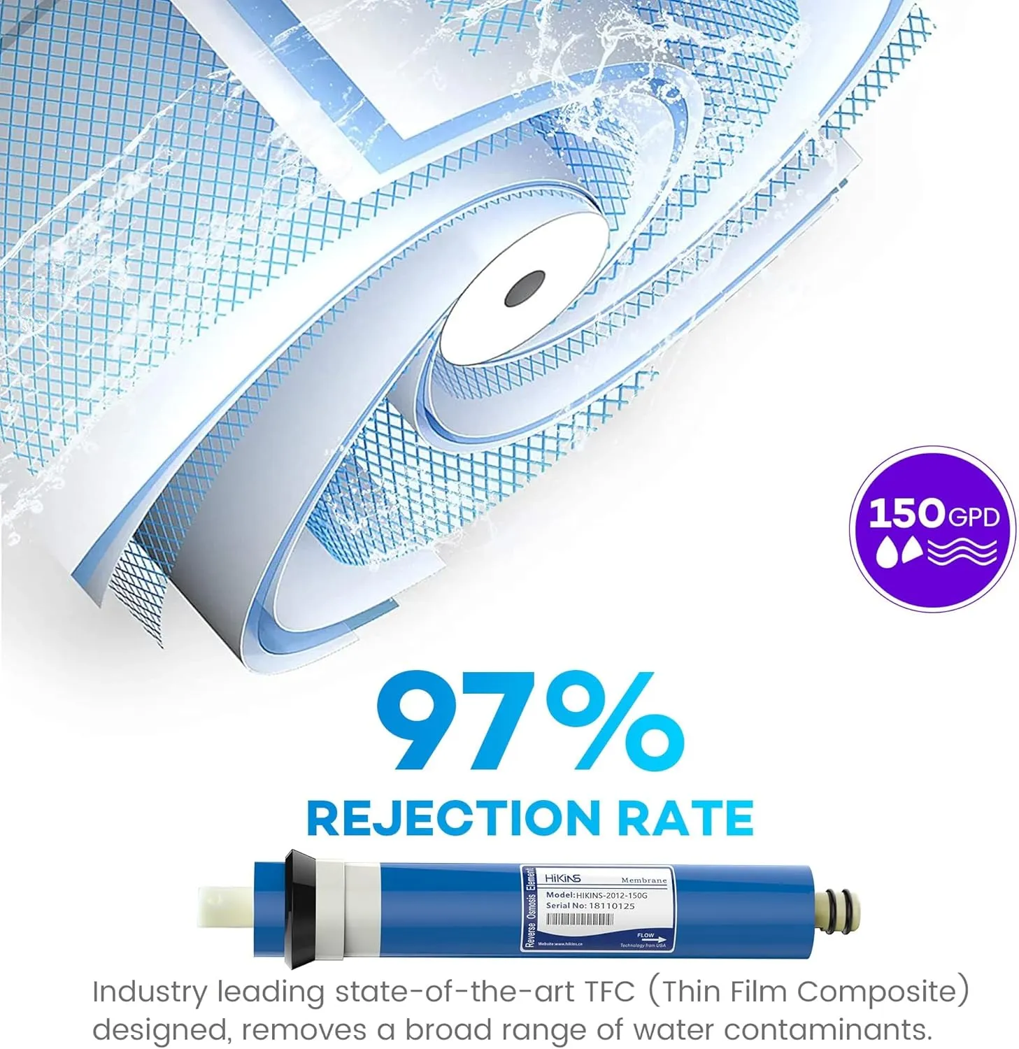 150 GPD RO Membrane Reverse Osmosis Membrane Filter Replacement, 11.75" X 1.75" RO Membrane Element for Under Sink Drinking Water Purifier Filtration System, 1xPack
