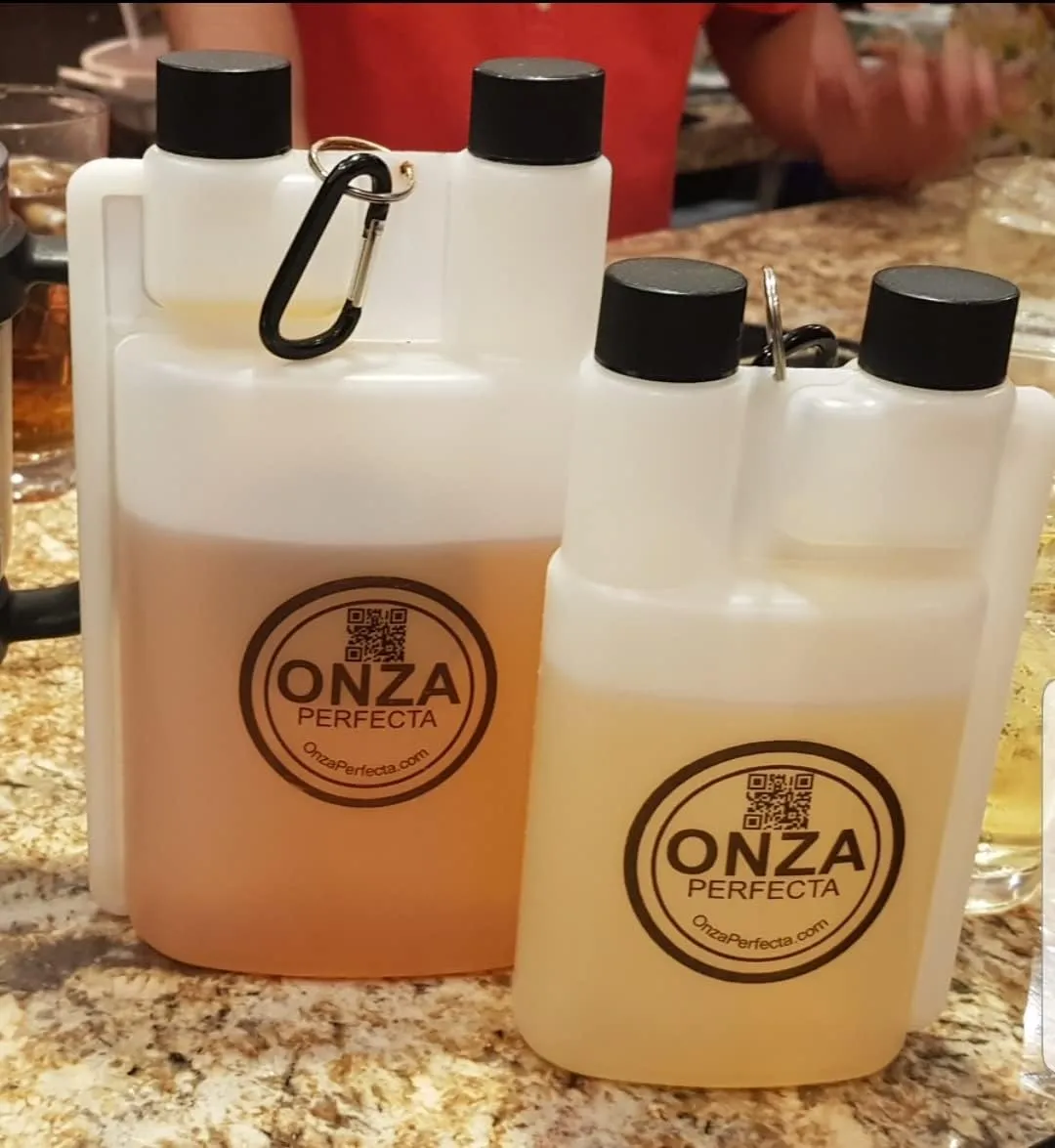16 oz Plastic flask for liquor hidden with 1 ounce shot glass dosage chamber (16 oz / 473 ml). Included carabiner.
