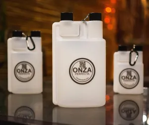 16 oz Plastic flask for liquor hidden with 1 ounce shot glass dosage chamber (16 oz / 473 ml). Included carabiner.