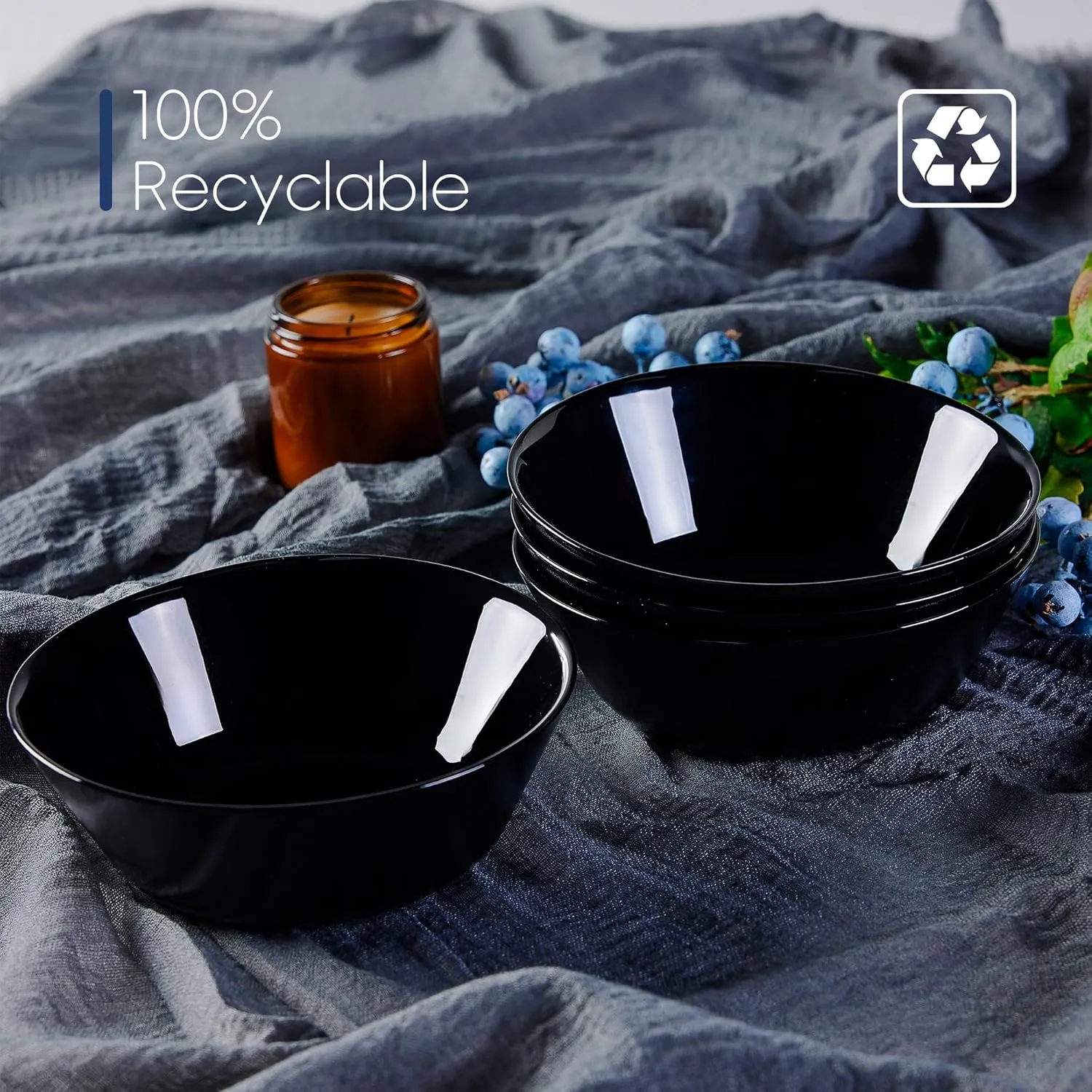 16OZ Black Opal Glass Cereal and Soup Bowl Set of 4, 6 inch Dishwasher & Microwave Safe Round Bowls for Salad and Rice