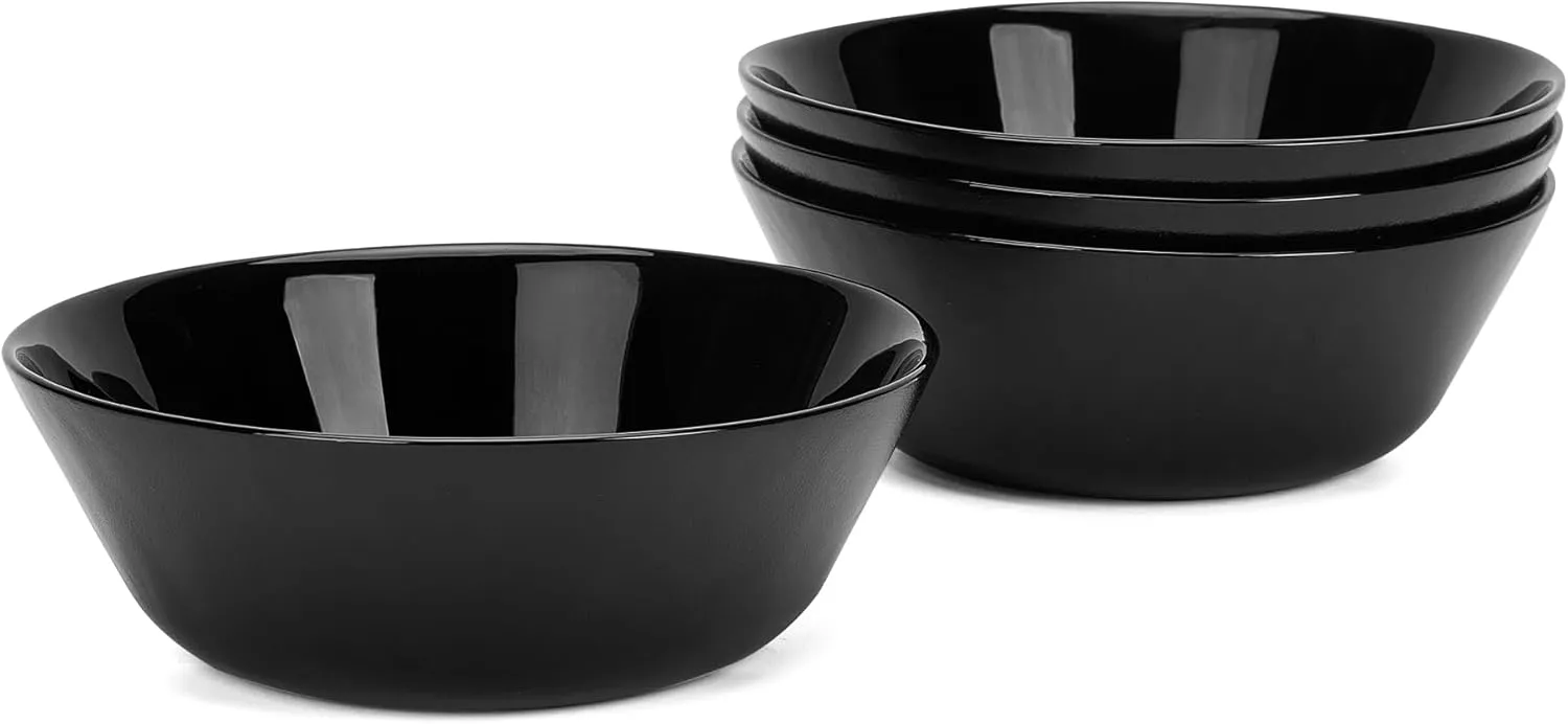 16OZ Black Opal Glass Cereal and Soup Bowl Set of 4, 6 inch Dishwasher & Microwave Safe Round Bowls for Salad and Rice