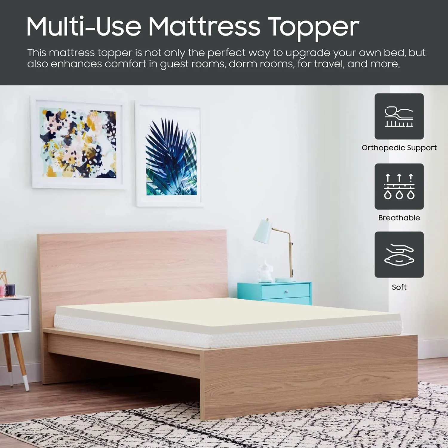 2-inch Breathable Foam Mattress Topper for Orthopedic Support | Premium Supporting Bed Pads with Luxurious Softness, Comfortable Bed Toppers for Back Pain and Better Sleep, Queen, White