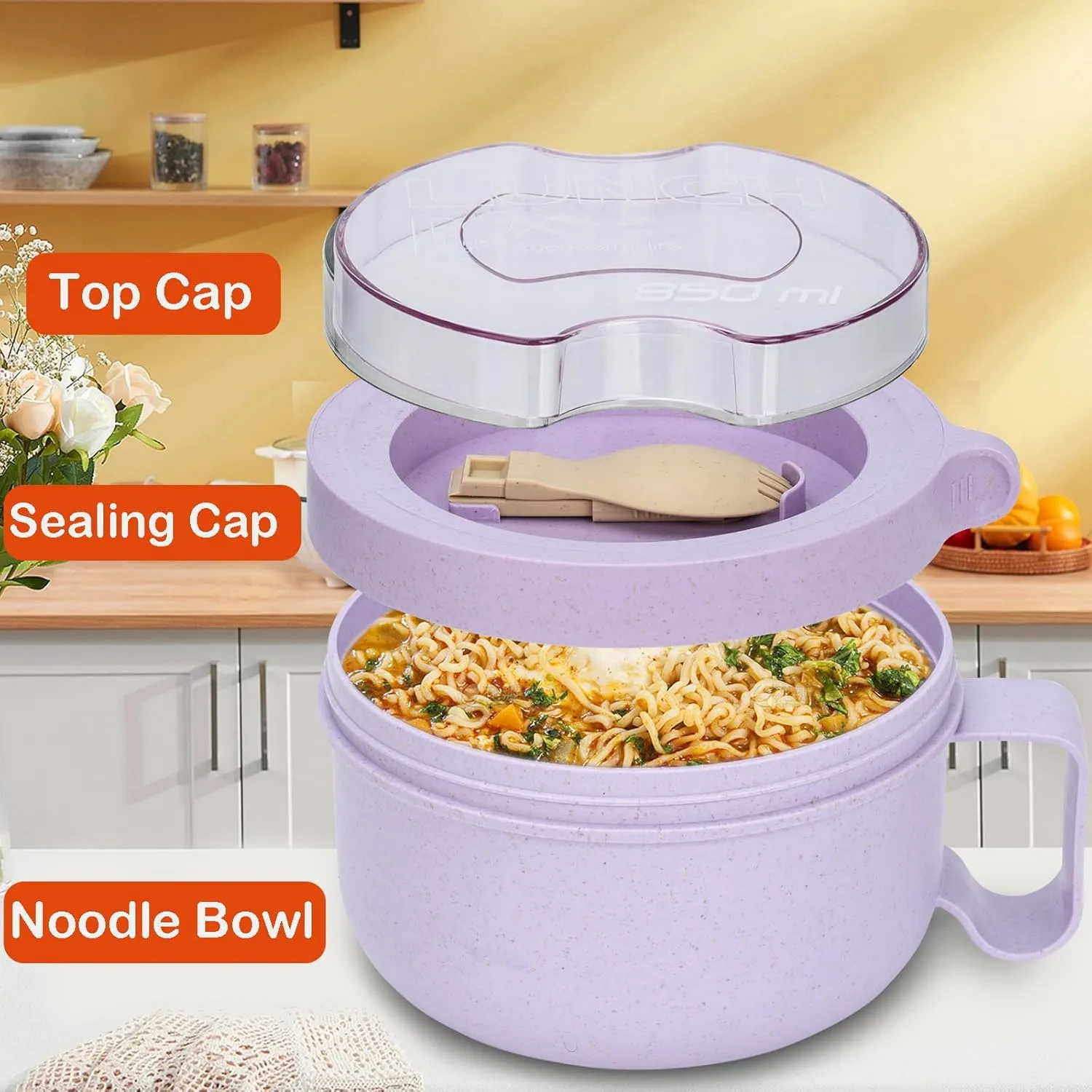 2 Pack Soup Bowl with Handles, Microwave Ramen Bowl with Lid for Soup and Instant Noodles,Oatmeal, Gumbo, Salad,BPA Free