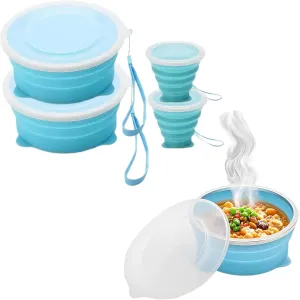 2 Sets Collapsible Food Storage Containers with Lids with Foldable Water Cup, Slip-proof and Scald-proof Silicone(Blue)