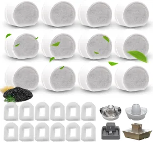 24/40 Pcs Replacement Carbon Charcoal Filters Dog and Cat Water Fountain Compatible with Multiple Pet Fountains. (12 Carbon Filters  12 Sponges)