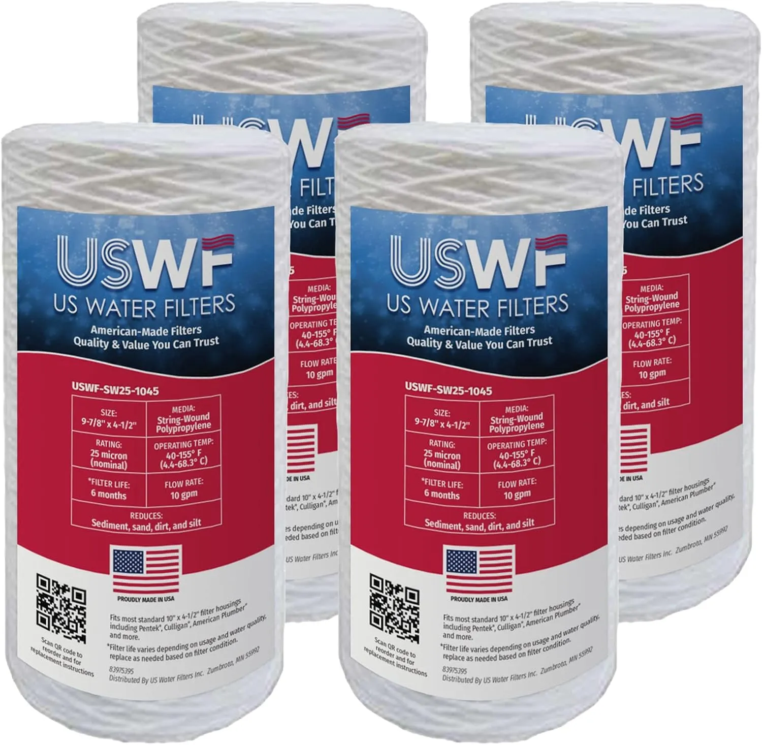25 Micron 10 Inch x 4.5 Inch | 4-Pack String-Wound Polypropylene Whole House Sediment Replacement Cartridge | Compatible with Pentek WP25BB97P, Culligan CW25-BBS | Made in the USA, US Water Filters