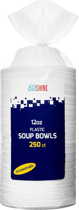 250 Pack – 12 Oz Disposable Plastic Soup Bowl Plates – Extremely Strong and Sturdy – Heat-Resistant and Soak-Proof - Does Not Melt or Cave in Microwave – Heavy Duty BPA-Free Plastic