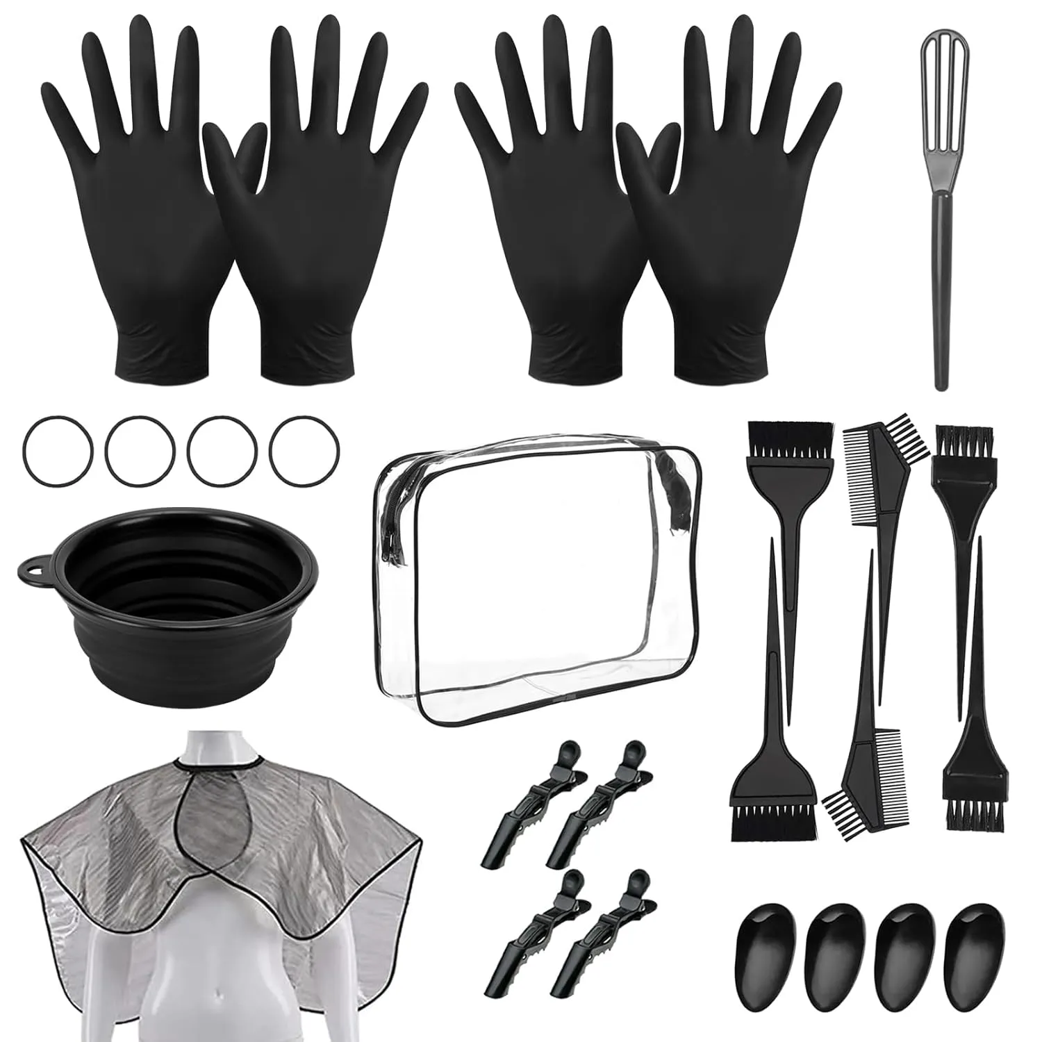 26PCS Hair Dye Coloring Kit, Professional Hair Bleach Kit, Hair Coloring Products, Gloves, Storage Bag, Rubber Band, Ear Cap, Mixing Spoon, Shawl, Clips, Brush, Bowl, Black