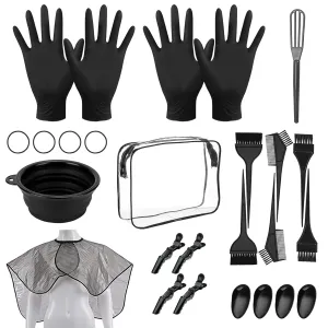 26PCS Hair Dye Coloring Kit, Professional Hair Bleach Kit, Hair Coloring Products, Gloves, Storage Bag, Rubber Band, Ear Cap, Mixing Spoon, Shawl, Clips, Brush, Bowl, Black