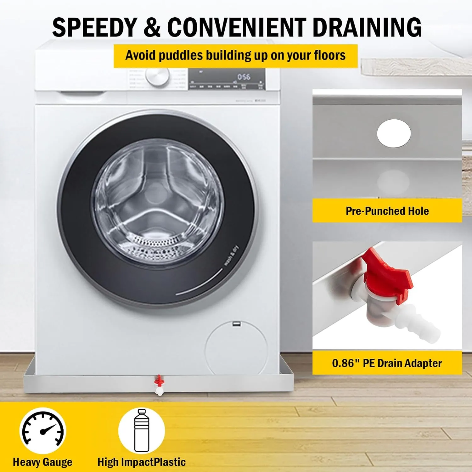 27" x 25" Washing Machine Pan 304 Stainless Steel Washing Machine Drain Pan Heavy Duty Compact Washer Drip Tray with Drain Hole & Hose Adapte, 4 Pcs Anti-Vibration Washing Machine Feet