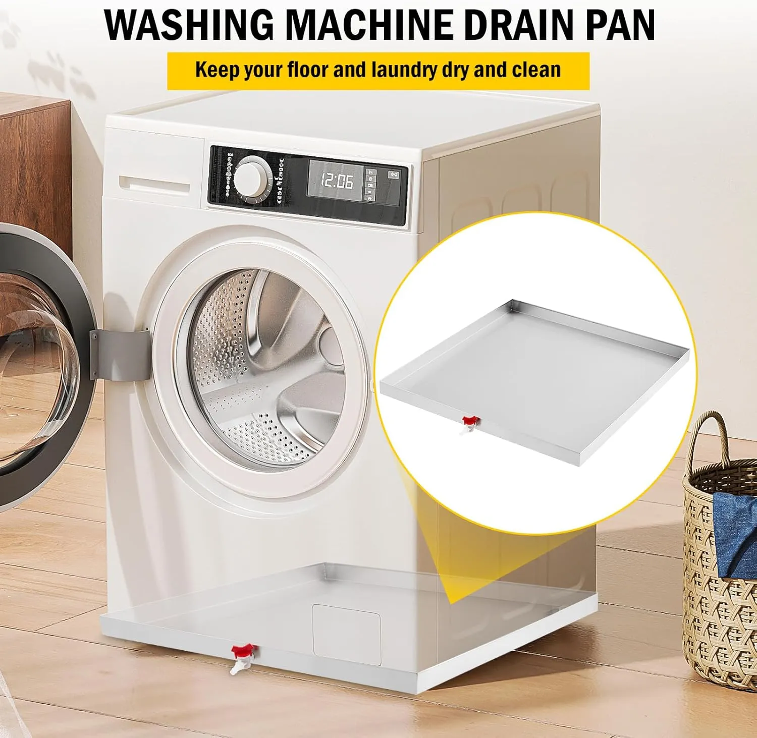 27" x 25" Washing Machine Pan 304 Stainless Steel Washing Machine Drain Pan Heavy Duty Compact Washer Drip Tray with Drain Hole & Hose Adapte, 4 Pcs Anti-Vibration Washing Machine Feet