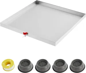 27" x 25" Washing Machine Pan 304 Stainless Steel Washing Machine Drain Pan Heavy Duty Compact Washer Drip Tray with Drain Hole & Hose Adapte, 4 Pcs Anti-Vibration Washing Machine Feet