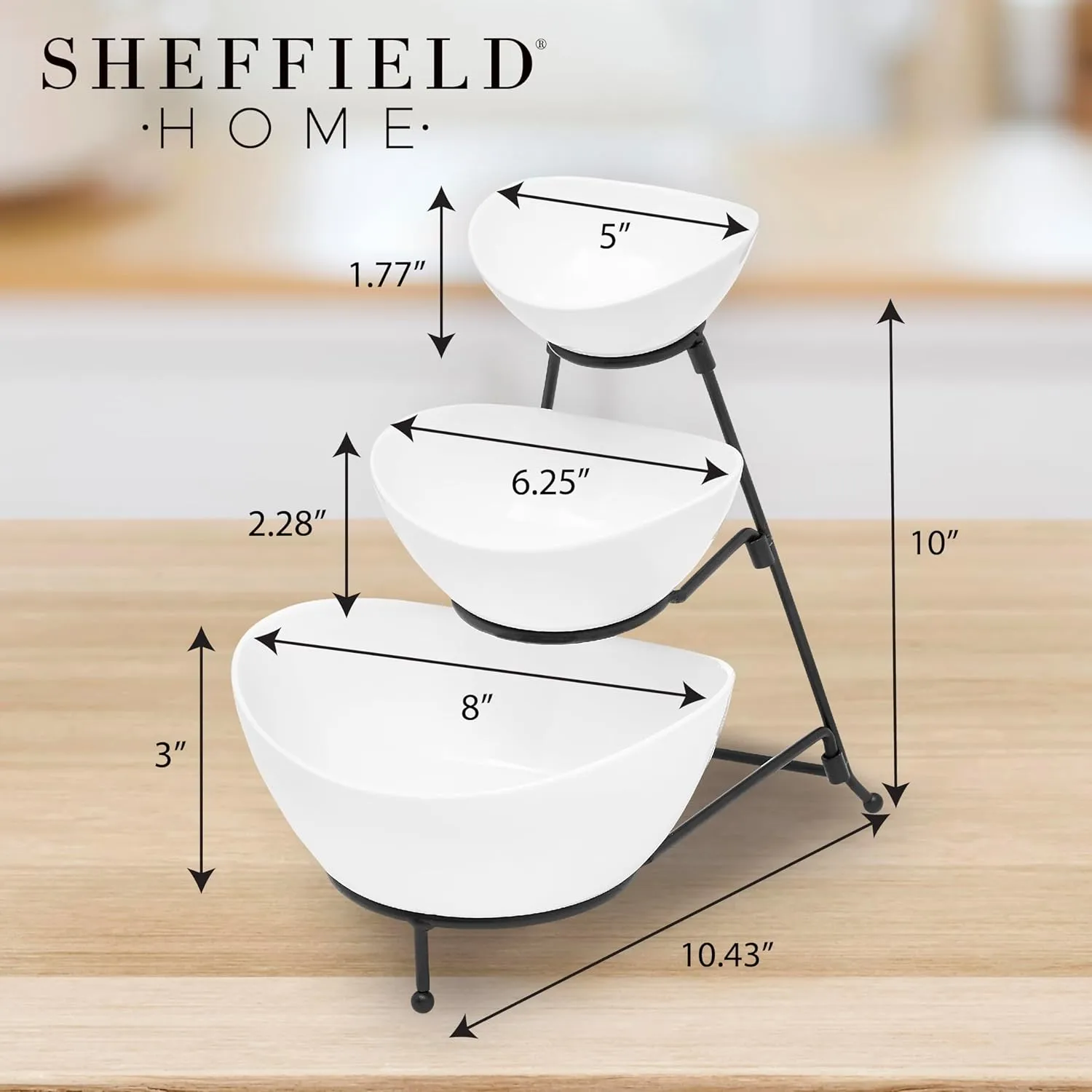 3 Tier Large Serving Bowls Set - Microwave & Dishwasher Safe Stoneware Fruit Bowl with Collapsible Black Metal Stand - Bowls for Kitchen, Dinner Parties, Desserts, Chip and Dip & Side Dishes (White)