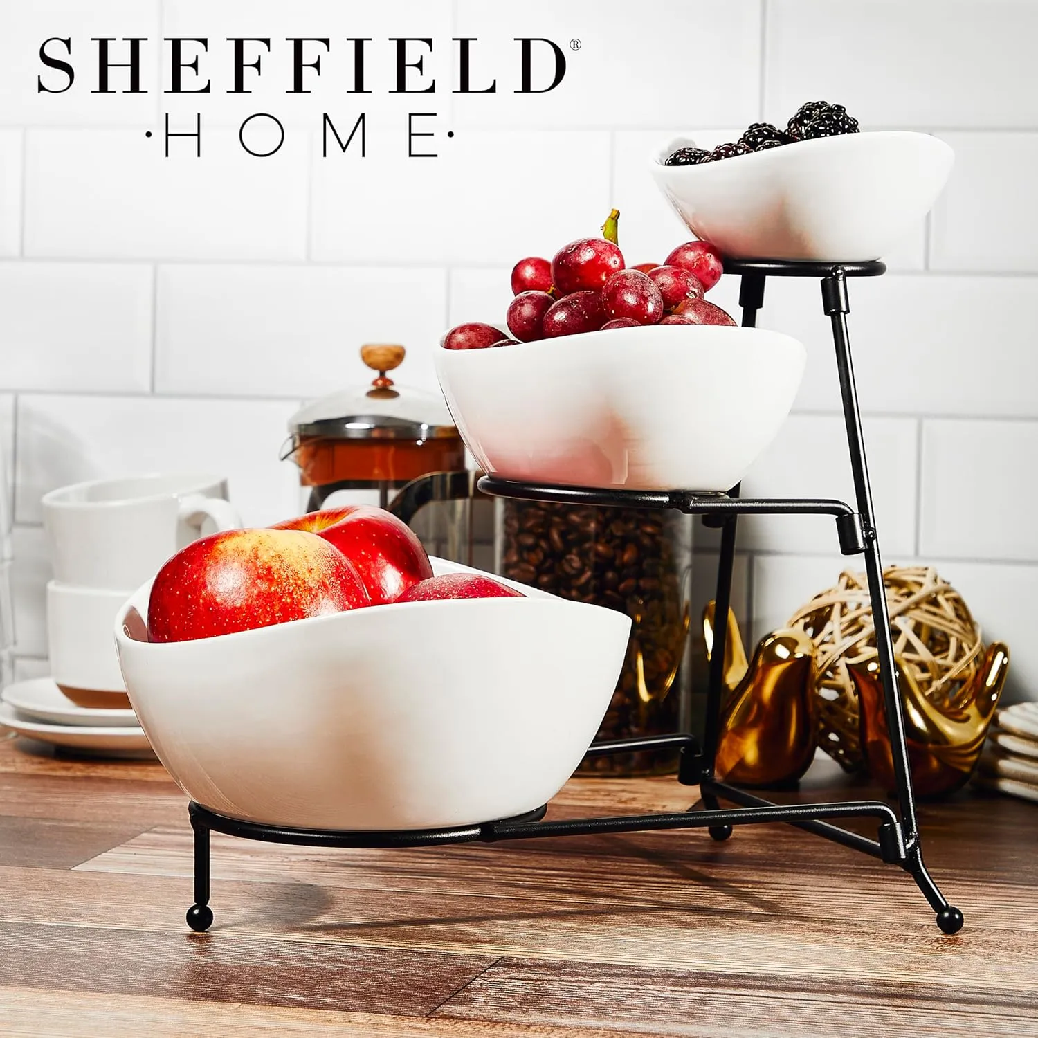 3 Tier Large Serving Bowls Set - Microwave & Dishwasher Safe Stoneware Fruit Bowl with Collapsible Black Metal Stand - Bowls for Kitchen, Dinner Parties, Desserts, Chip and Dip & Side Dishes (White)