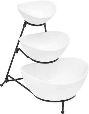 3 Tier Large Serving Bowls Set - Microwave & Dishwasher Safe Stoneware Fruit Bowl with Collapsible Black Metal Stand - Bowls for Kitchen, Dinner Parties, Desserts, Chip and Dip & Side Dishes (White)