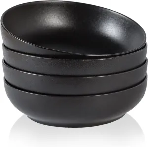 30oz Pasta bowls set - 8" serving bowls - salad bowl set of 4 - Large ceramic Dinner bowls - Microwave safe Perfect for Housewarming, Thanksgiving, Christmas-Matte Black